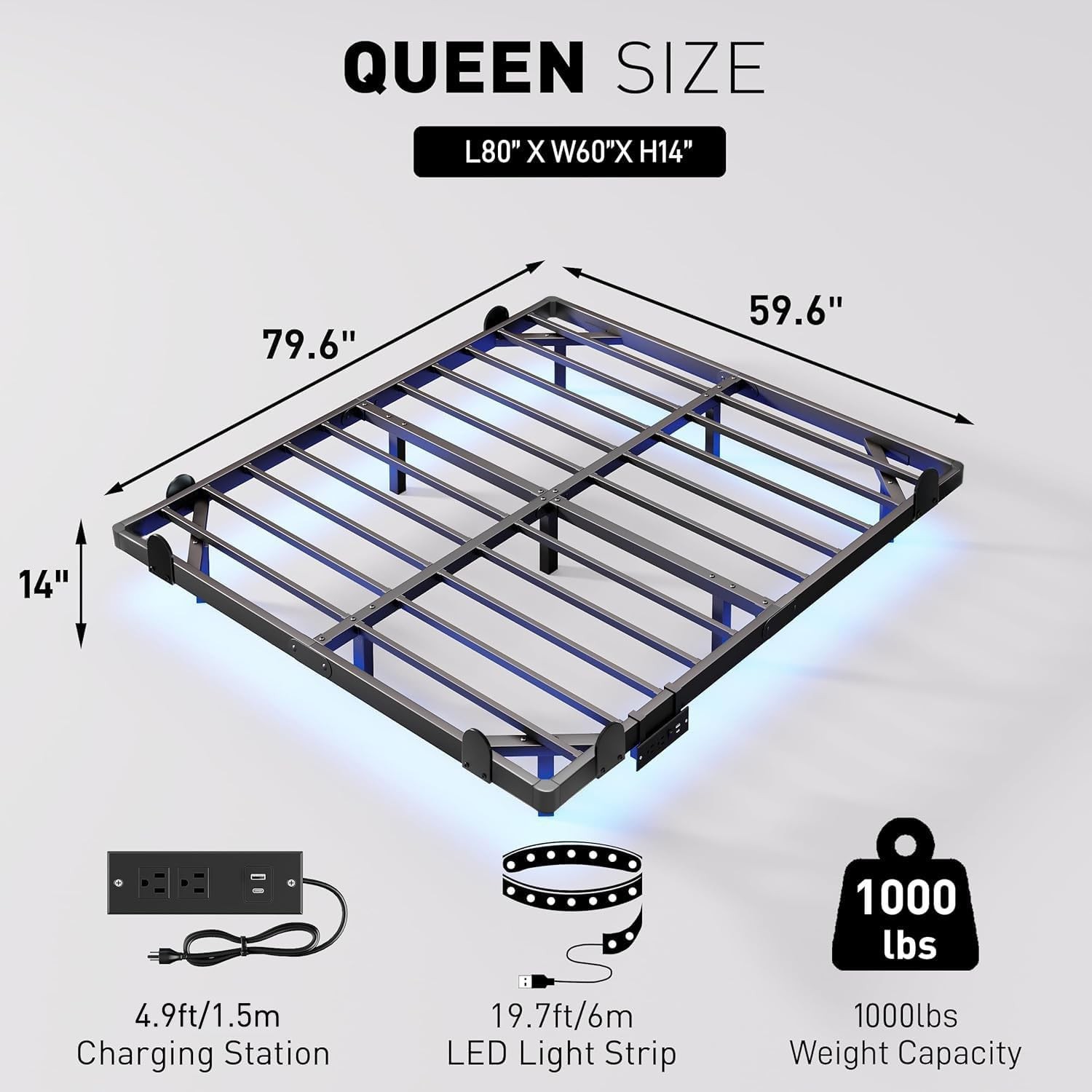 Floating Queen Bed Frame 14 Inch Metal Platform Bed W/ Smart LED Lights