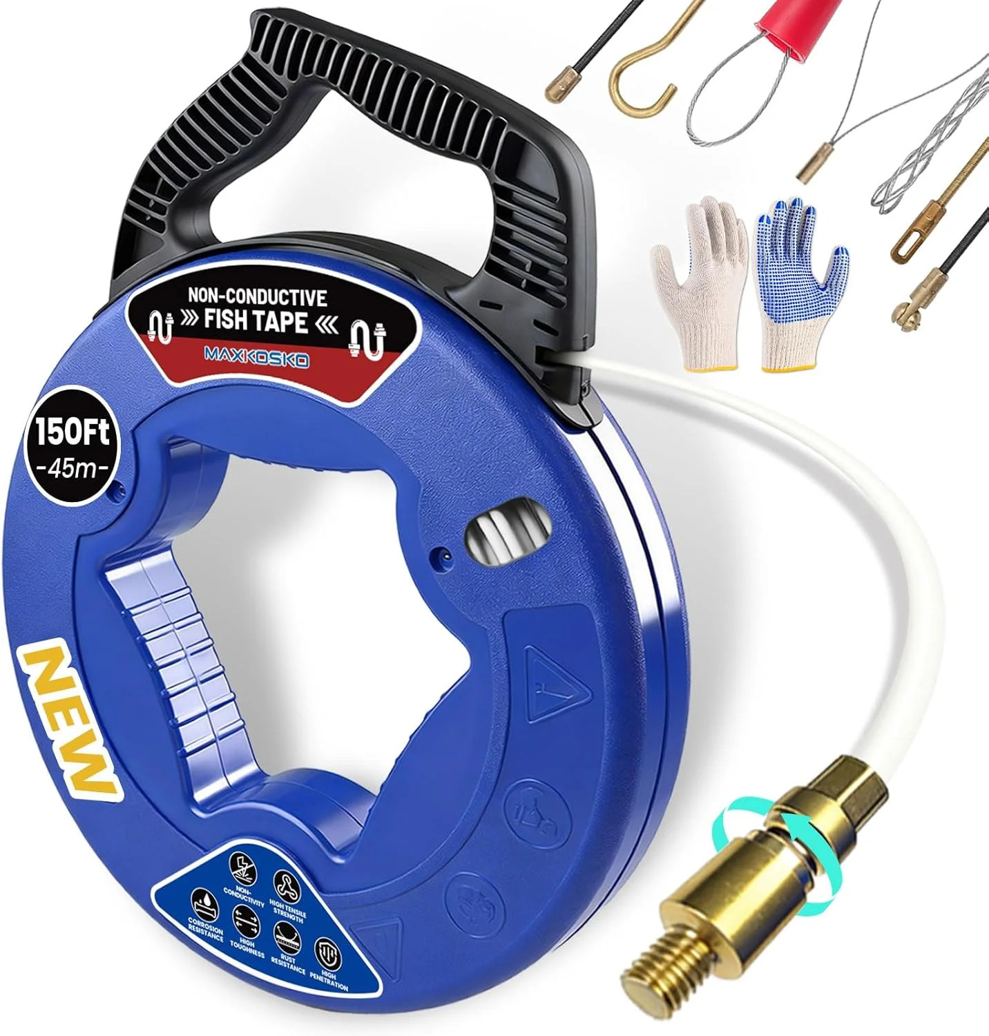 MAXKOSKO 150FT Non Conductive Fiberglass Fish Tape kit with 7 Adapters | 3/16 In