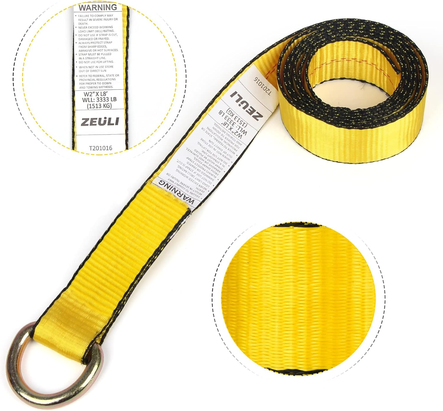 2" x 8' Lasso Strap with D Ring - 8-Pack Auto Tie Down for Trailers
