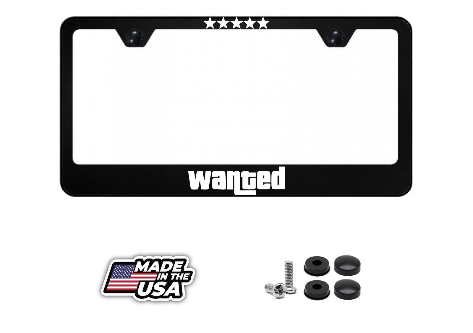 Wanted License Plate Frame | Black Stainless Steel Metal | GTA Five Stars