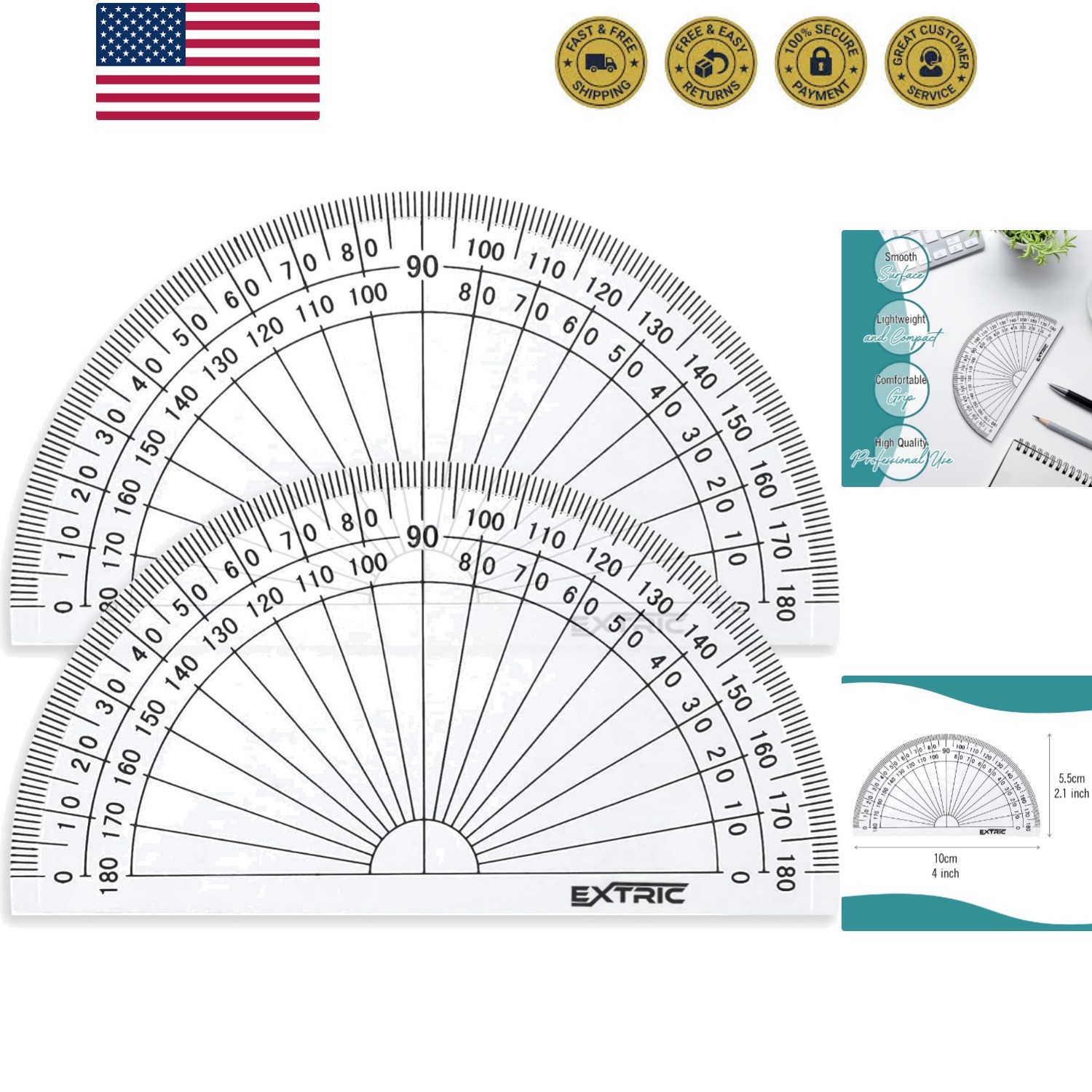 Protractor for Geometry, 4 Inch Clear Plastic Protractor for Woodworking, 2 C...
