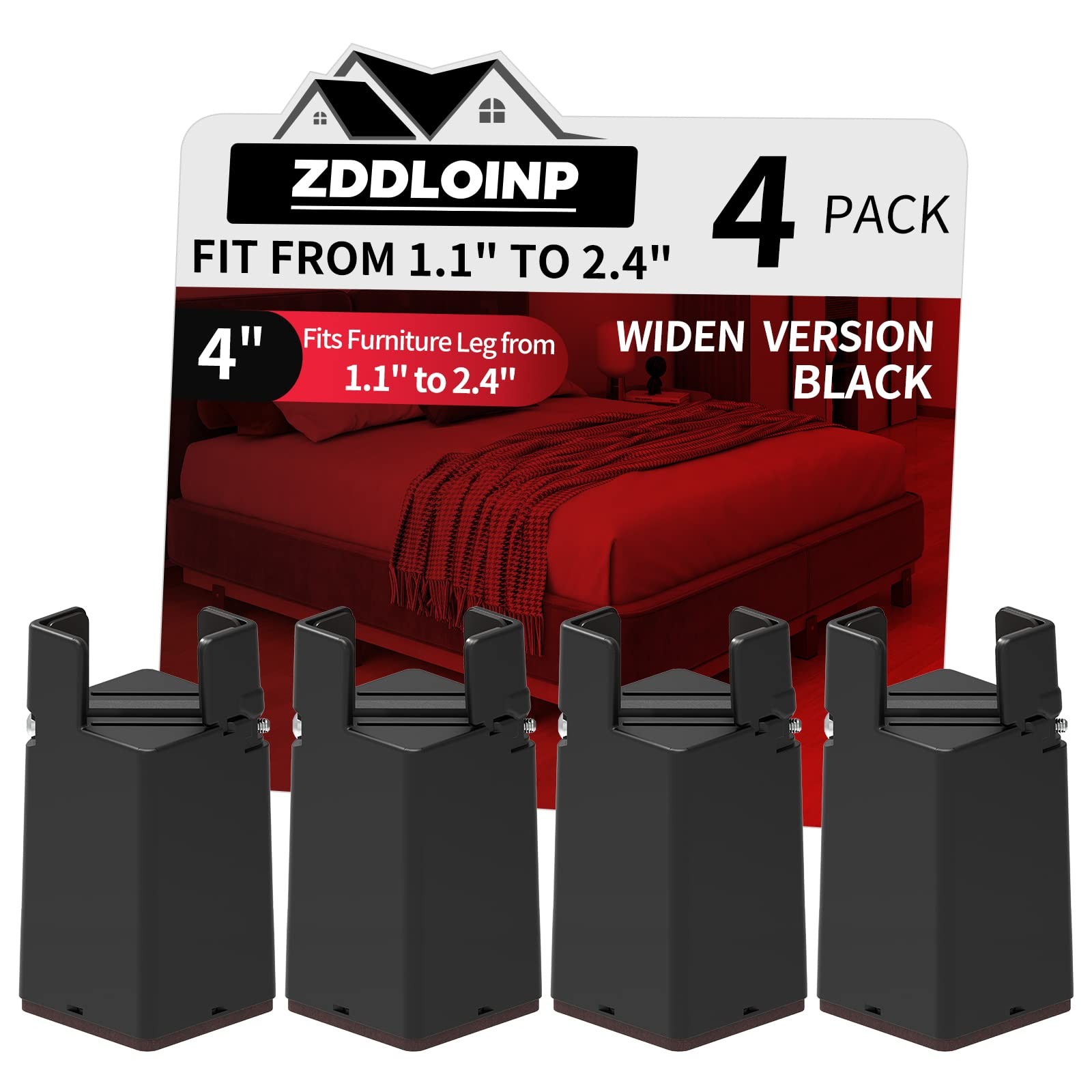 Adjustable Furniture Risers 4 Inch Removable Screw Clamp Black 4 Pack Set