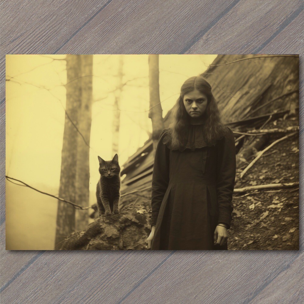 POSTCARD Weird Creepy Vintage Vibe Black Cat Girl Unreal Halloween Unusual 👻 H