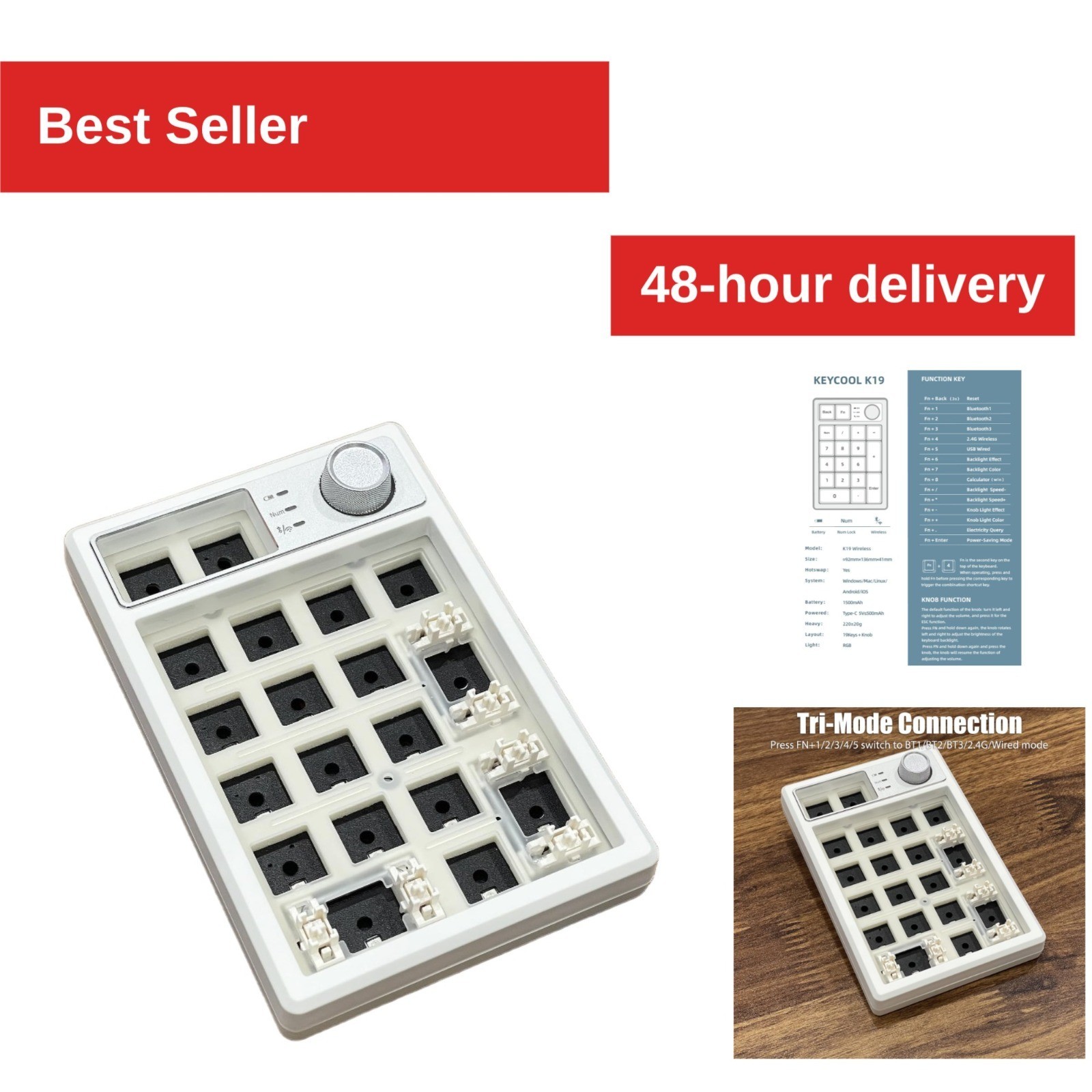TISHLED Wireless Mechanical Numpad Kit - RGB Backlit, Hot Swappable, 19 Keys