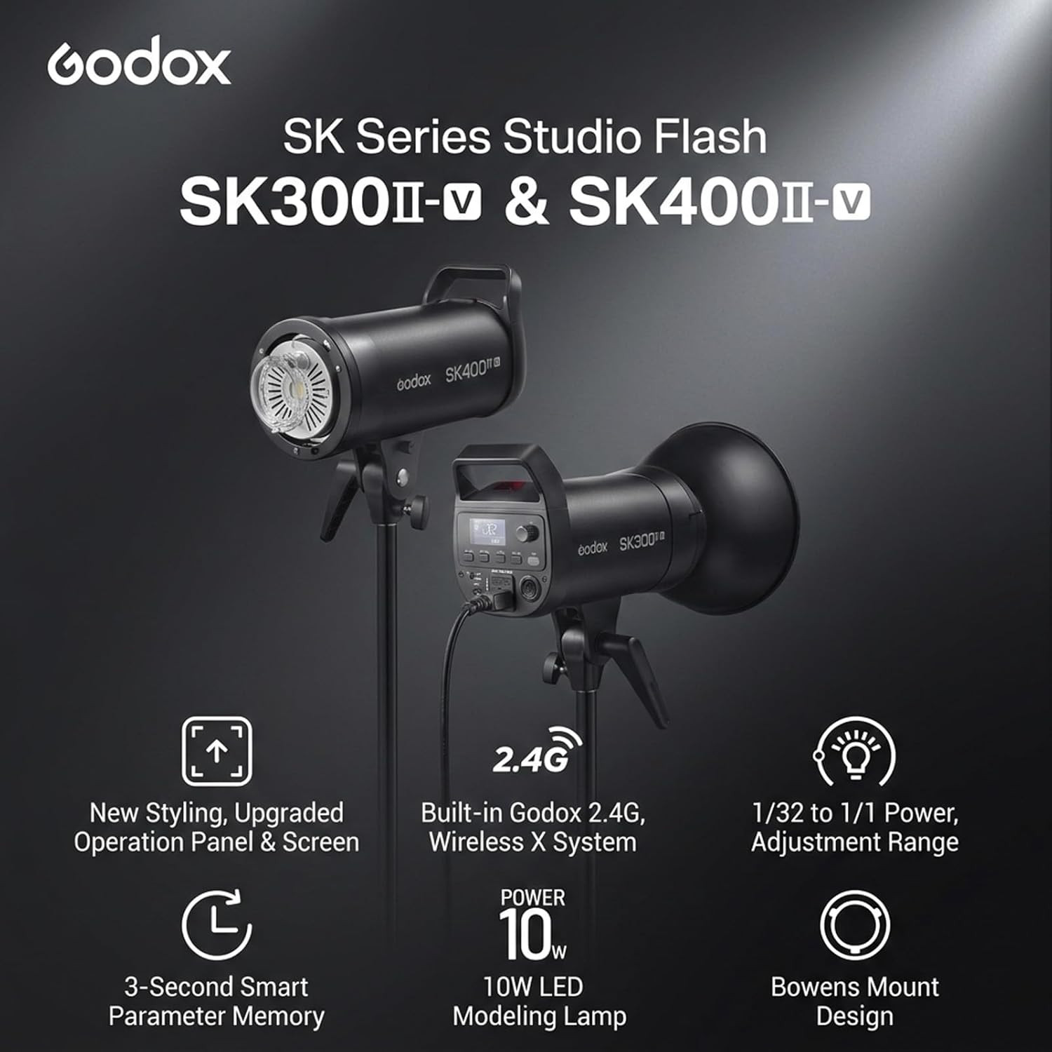 SK300IIIV GN58 Studio Flash Strobe, 2.4G Wireless X System, Upgraded 10W LED Mod