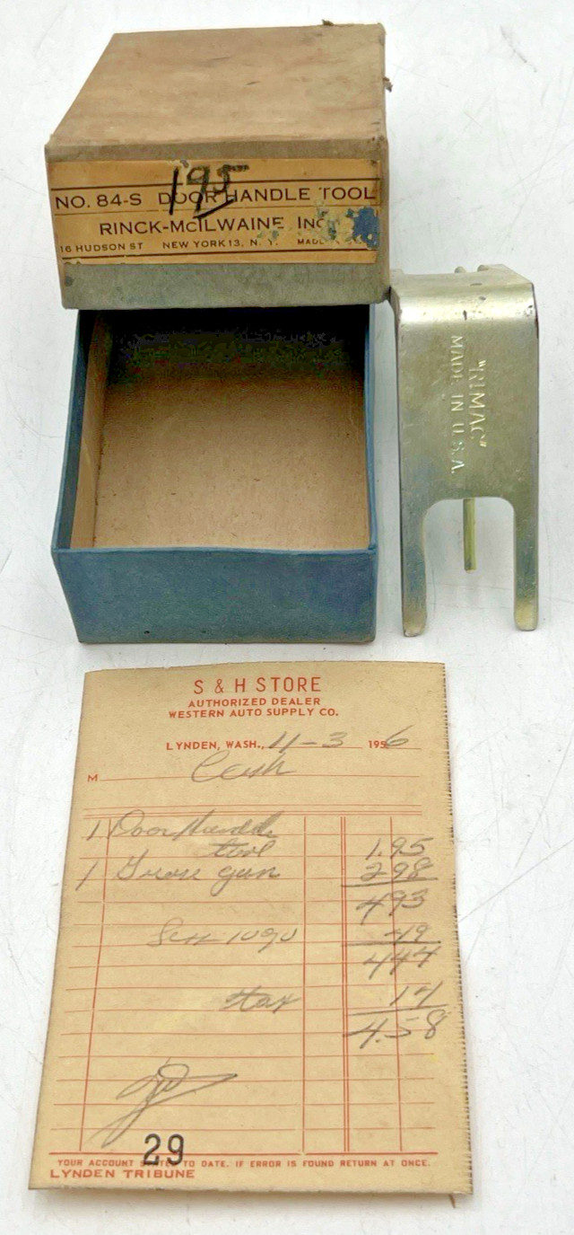 RINCK-MCILWAINE NO. 84-S DOOR HANDLE TOOL 1956 ORIGINAL RECEIPT S & H STORE WA