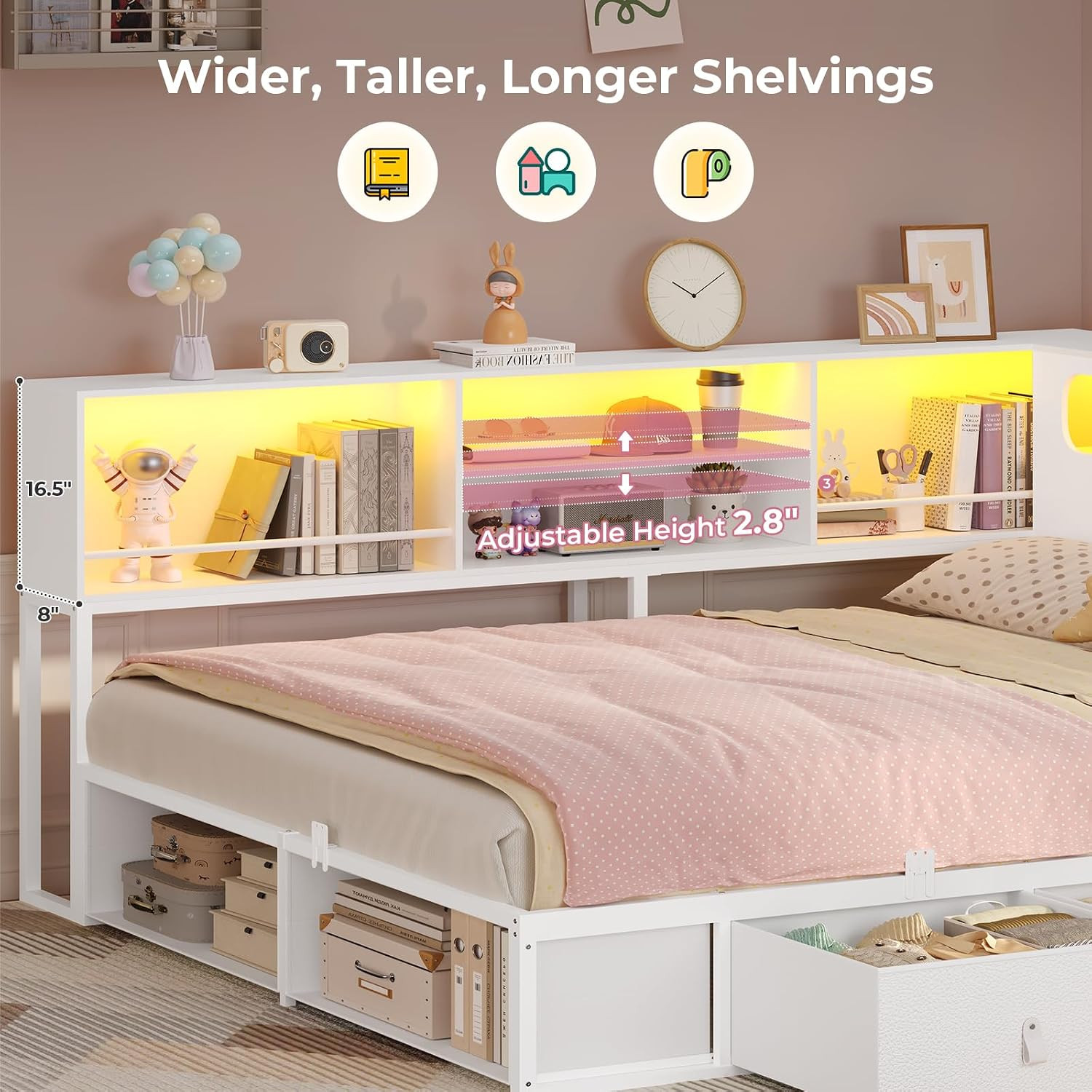Corner Bed Frame Full Size with Bookcase Storage & Headboard White | RGB Lights,