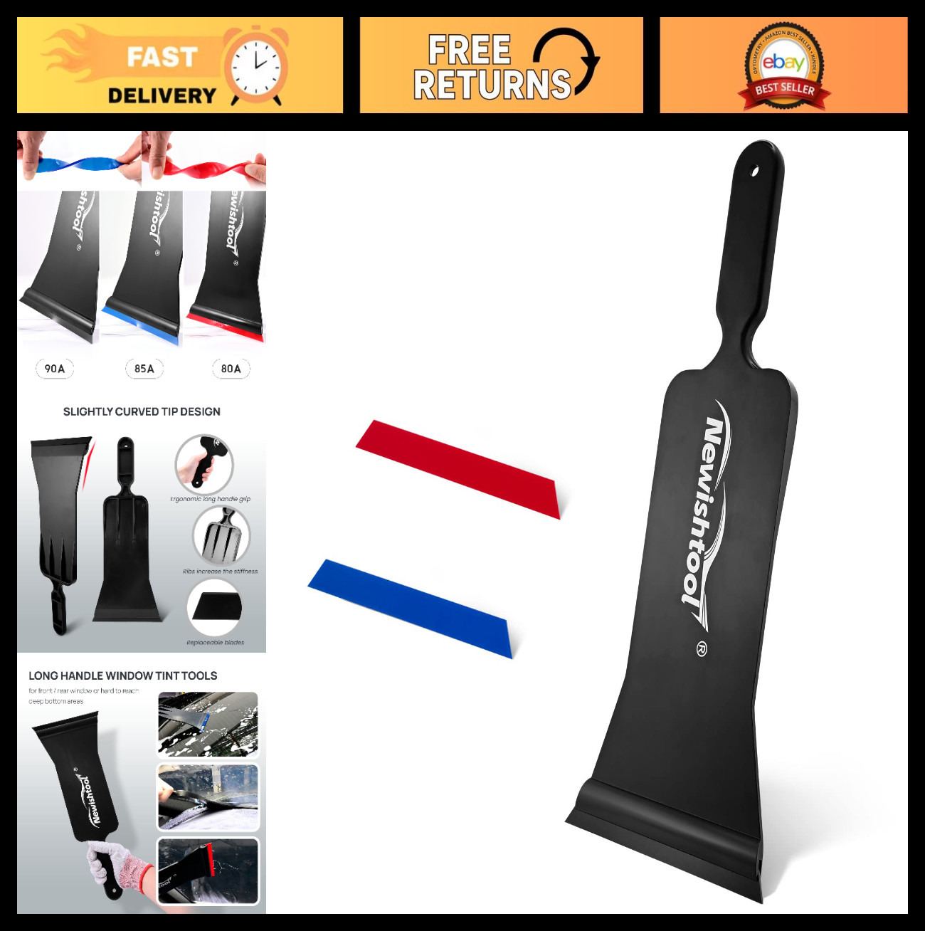 Window Tint Application Tools - Long Handle Squeegee & 2 Rubber Refills, Blue/Wh