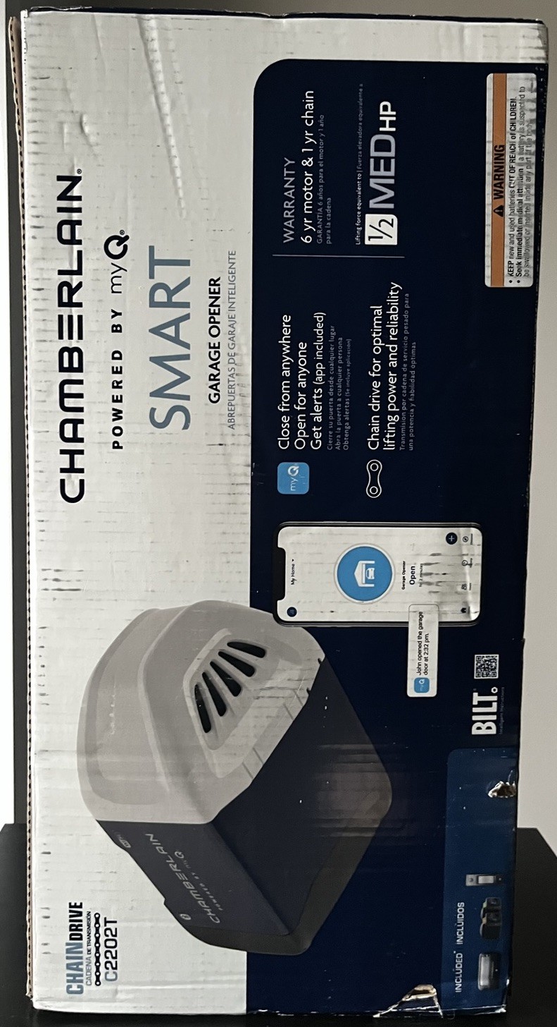 Chamberlain C2202T MYQ Smart Garage Door Opener, Chain Drive 1/2-HP Motor. Wi-Fi