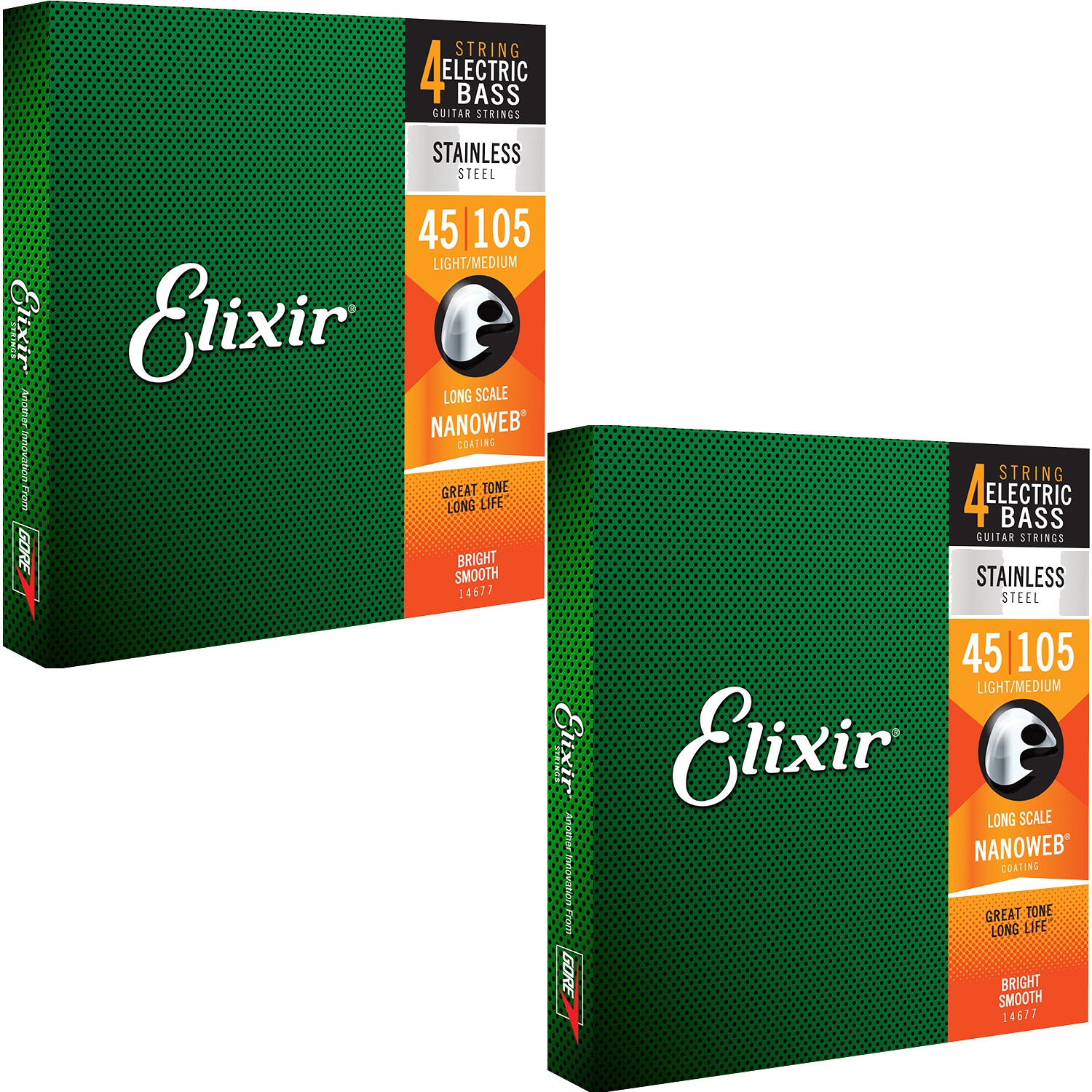 2 Sets Elixir 14677 NANOWEB Stainless Bass Strings, Light/Med Long Scale 45-105