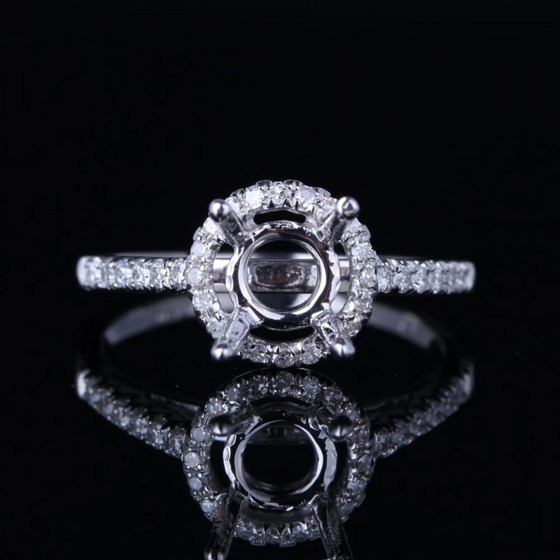 6mm Round Halo Semi Mount Engagement Ring Pave Accents 925 Sterling Silver