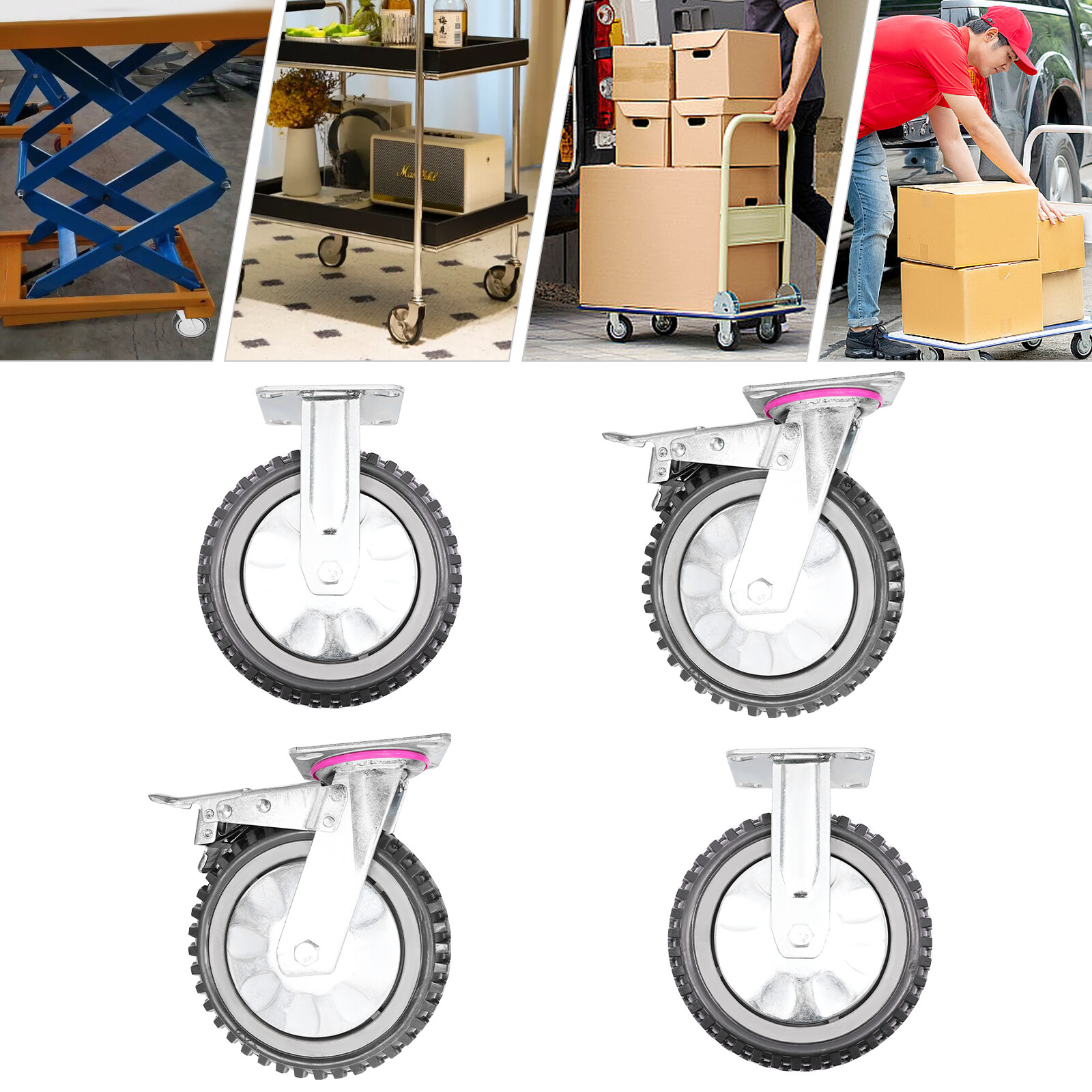 4PCS 8 Inch Dustproof Handling Wheels Fixed+Brake Heavy Duty Solid Caster Wheels