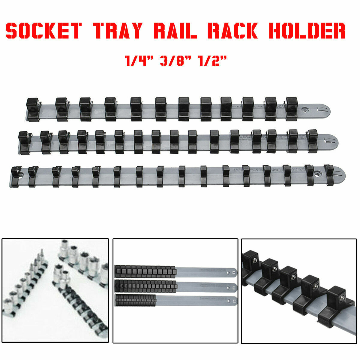 3Pcs 1/4'' 3/8'' 1/2'' Socket Tray Rail Rack Holder Storage Organizer Shelf Set