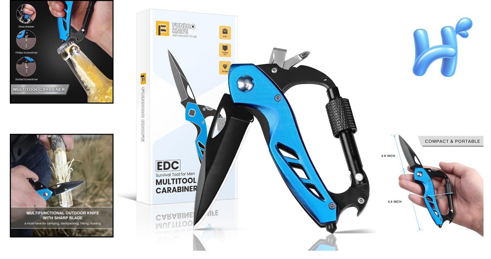 Durable Stainless Steel Multitool Carabiner - 6 Functions for Camping & Hiking