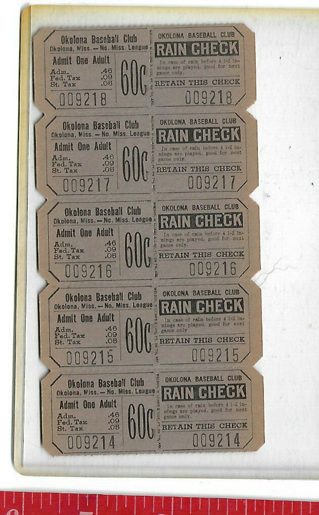 vintage lot Okolona Baseball club North Mississippi League 60c tickets + rain Ch