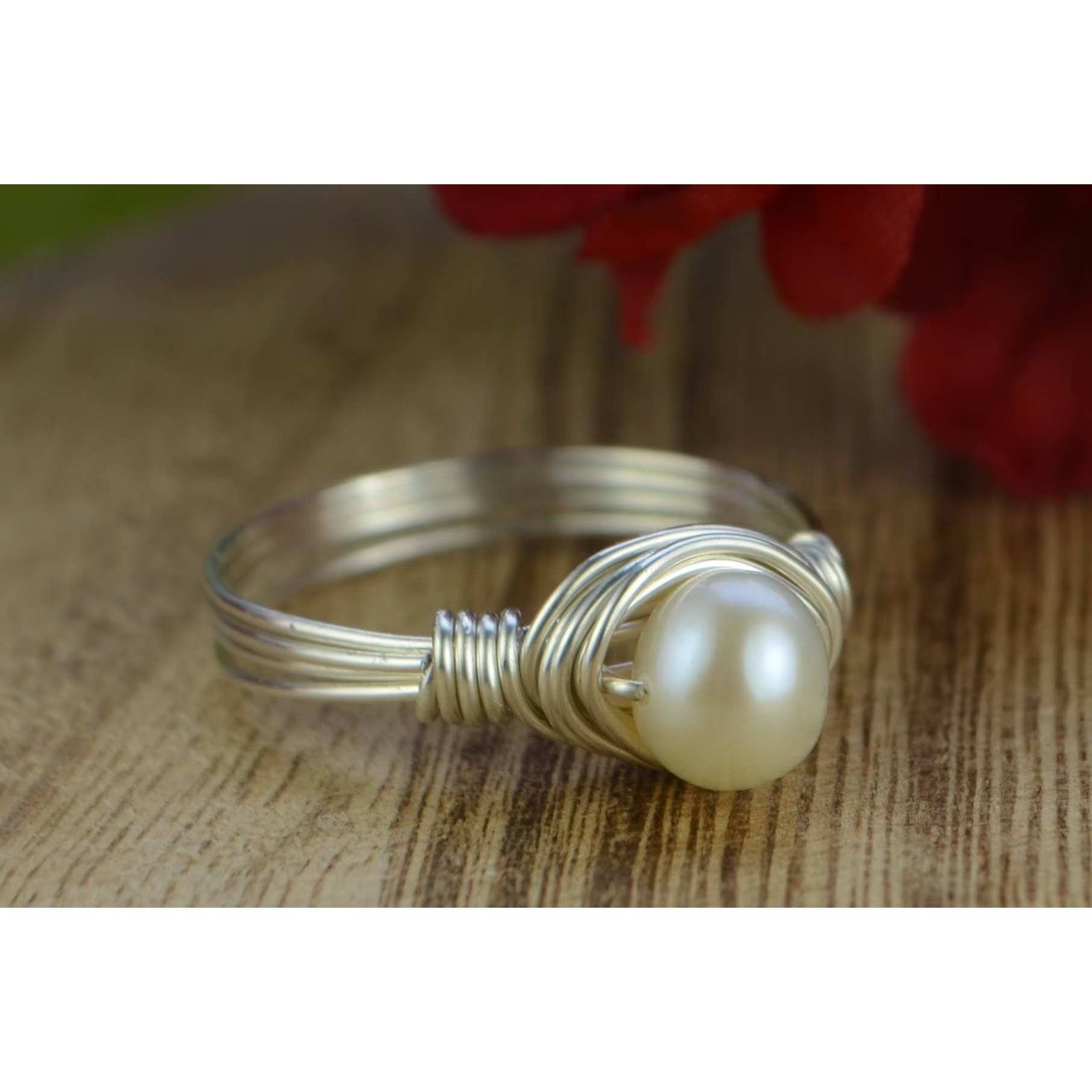 Freshwater Pearl Wrapped Ring - Sterling Silver Wire- Custom Size