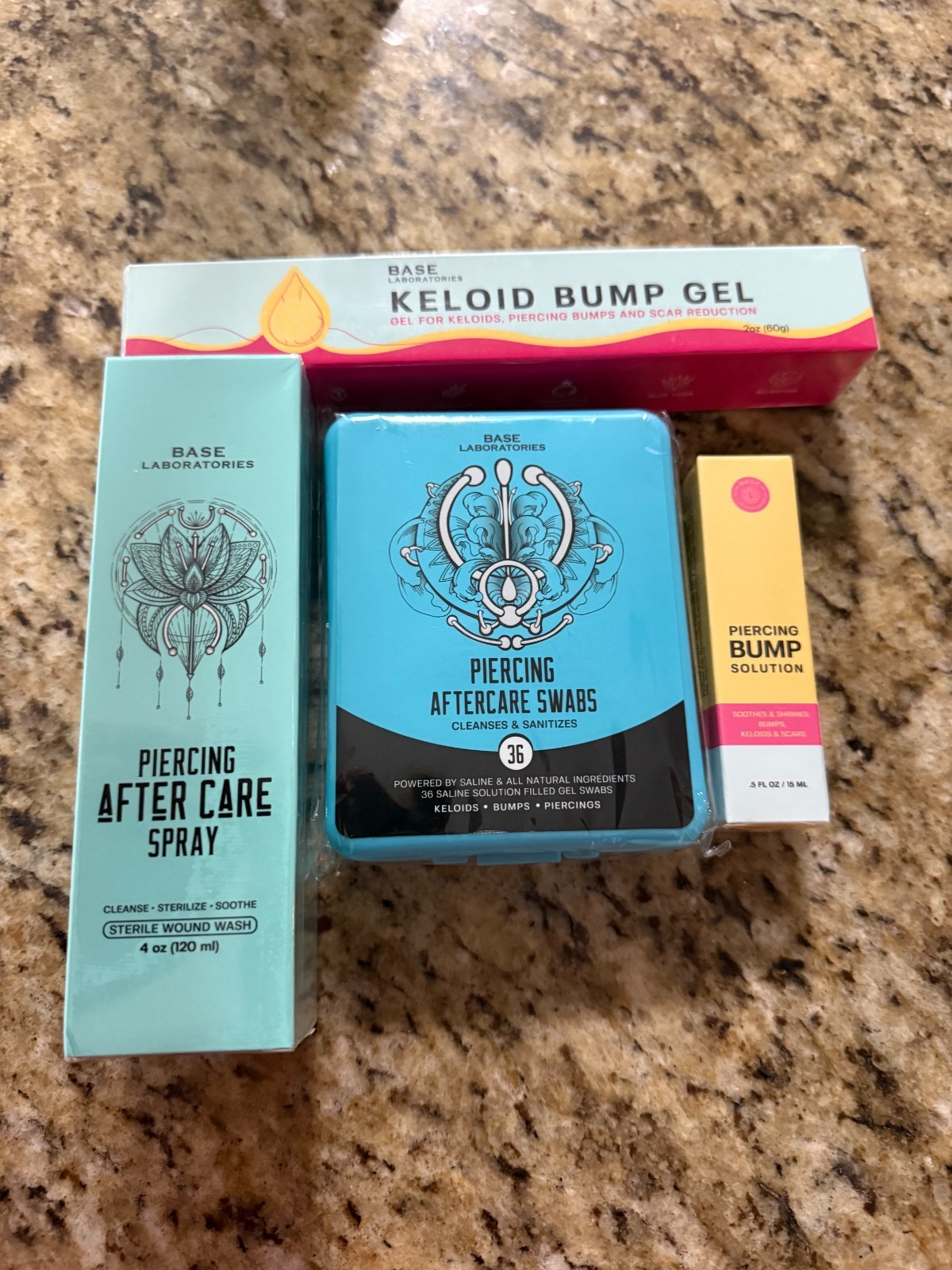 Base Labs Piercing Aftercare Kit Bundle Of 4 Keloid Gel, Spray, Swabs And Drops
