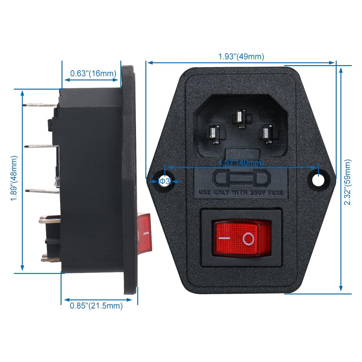 Baomain 2-Pack IEC320 C14 Inlet Module Rhombus, Red DPST Switch(4-Pin)