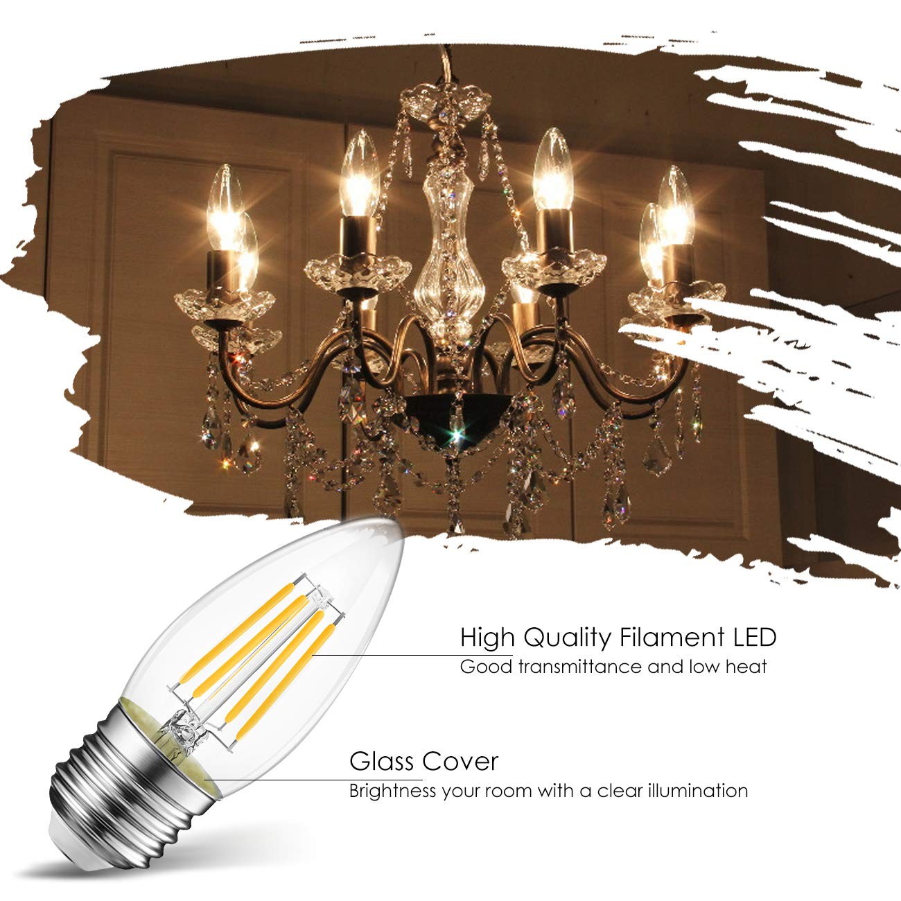 6 Pack LED Filament Bulbs E26 2700K Warm White Candle Lights