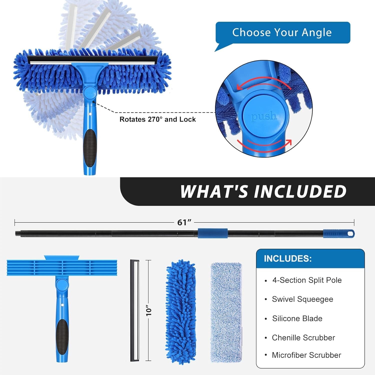 Professional 69'' Window Squeegee Cleaner Tool with Extension Pole with Scrubber