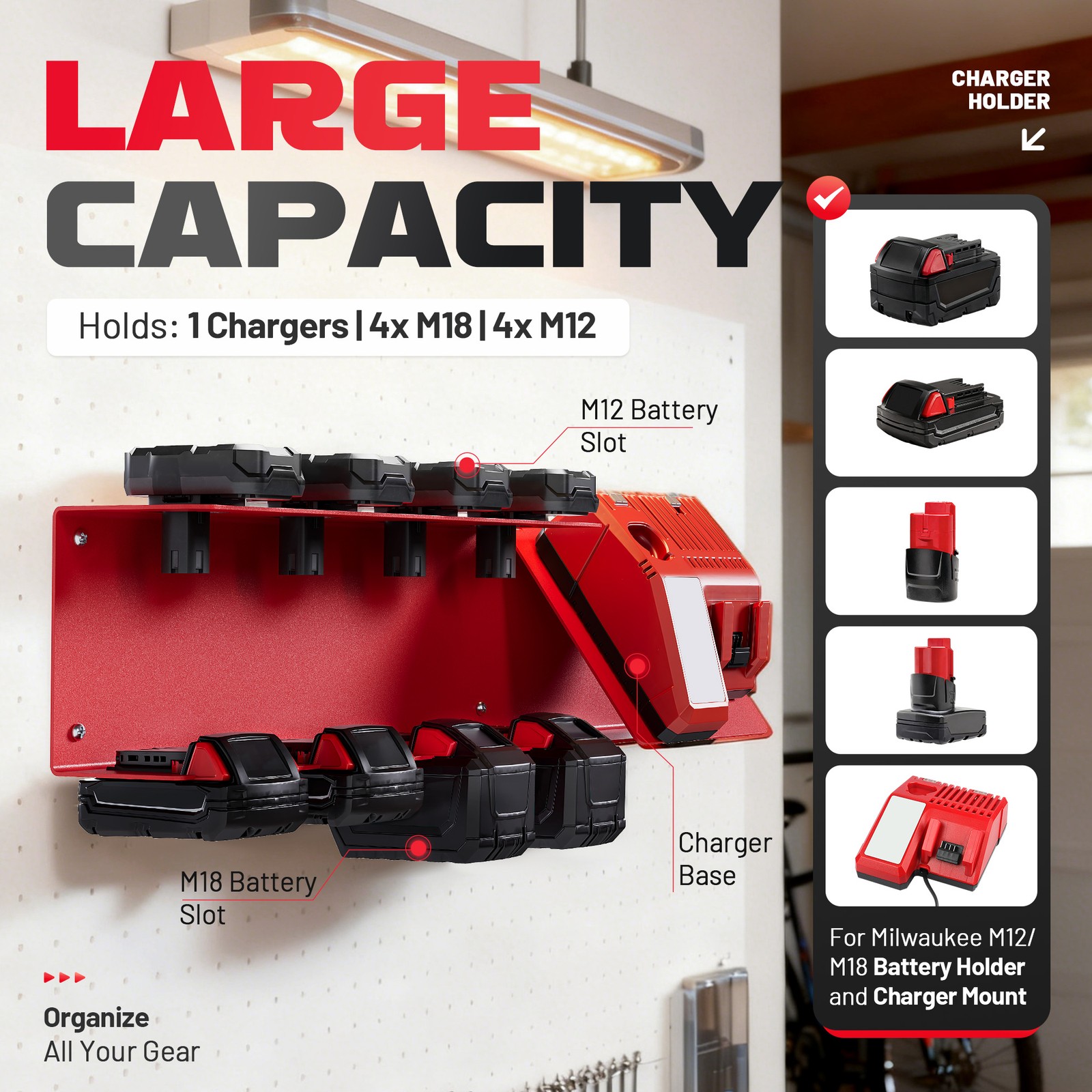 2-in-1 Steel Battery Charger Holder For Milwaukee M12/M18 & Charger M12-18C