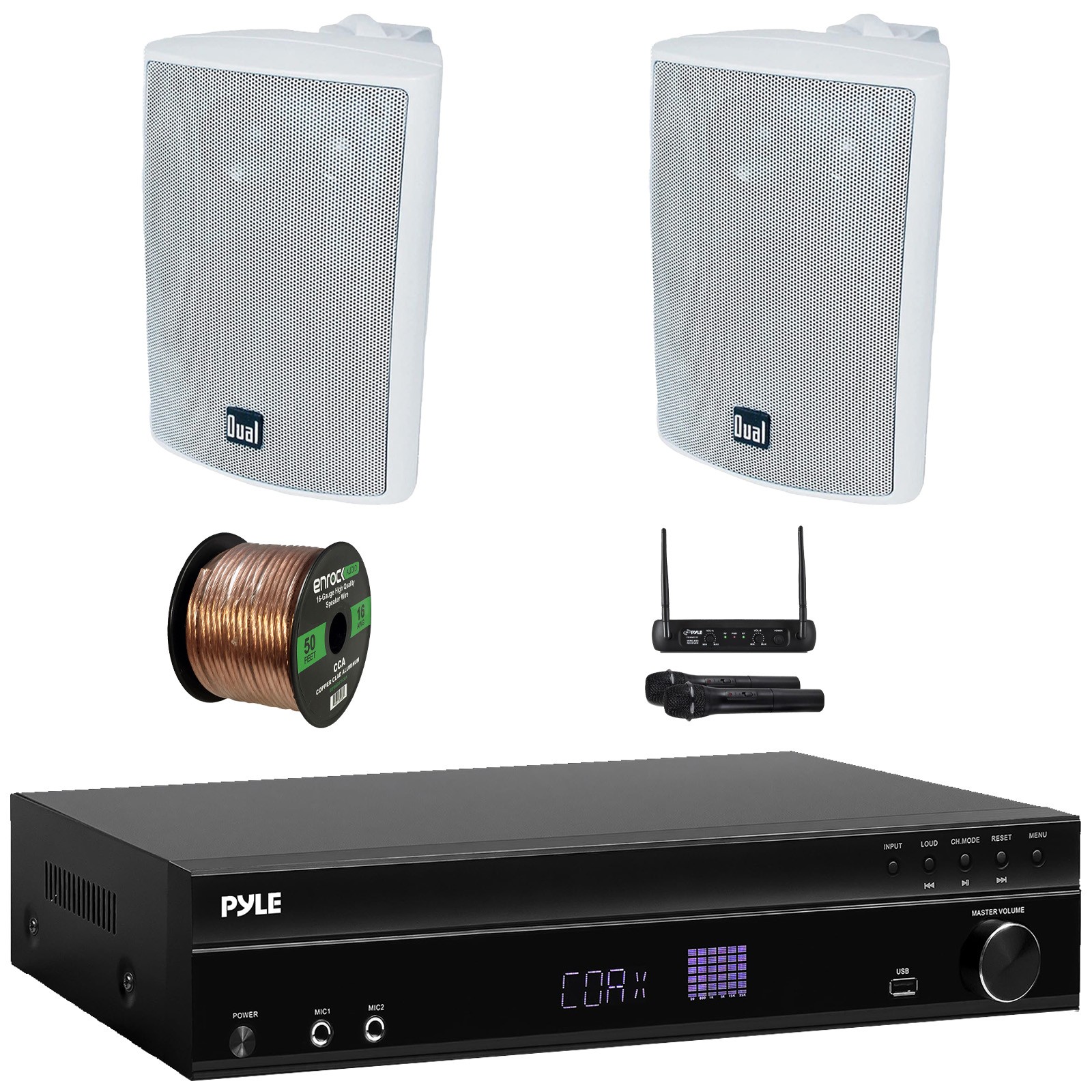 Pyle 5.2CH Bluetooth Audio Receiver, 2x 4" Indoor/Outdoor White Speakers + Mic