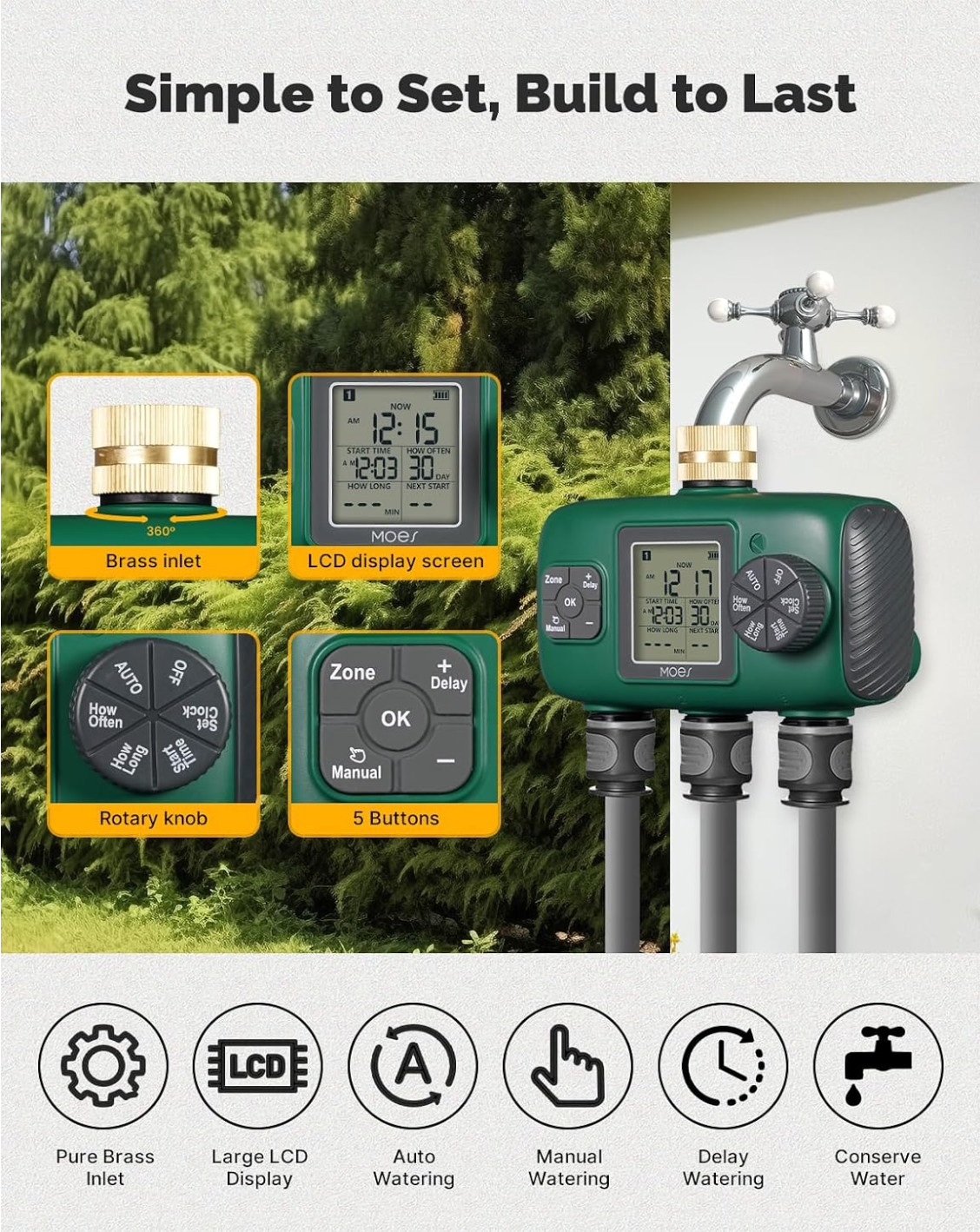 MOES 3 Outlet Sprinkler Timer, Brass Inlet, Programmable Automatic Irrigation Co