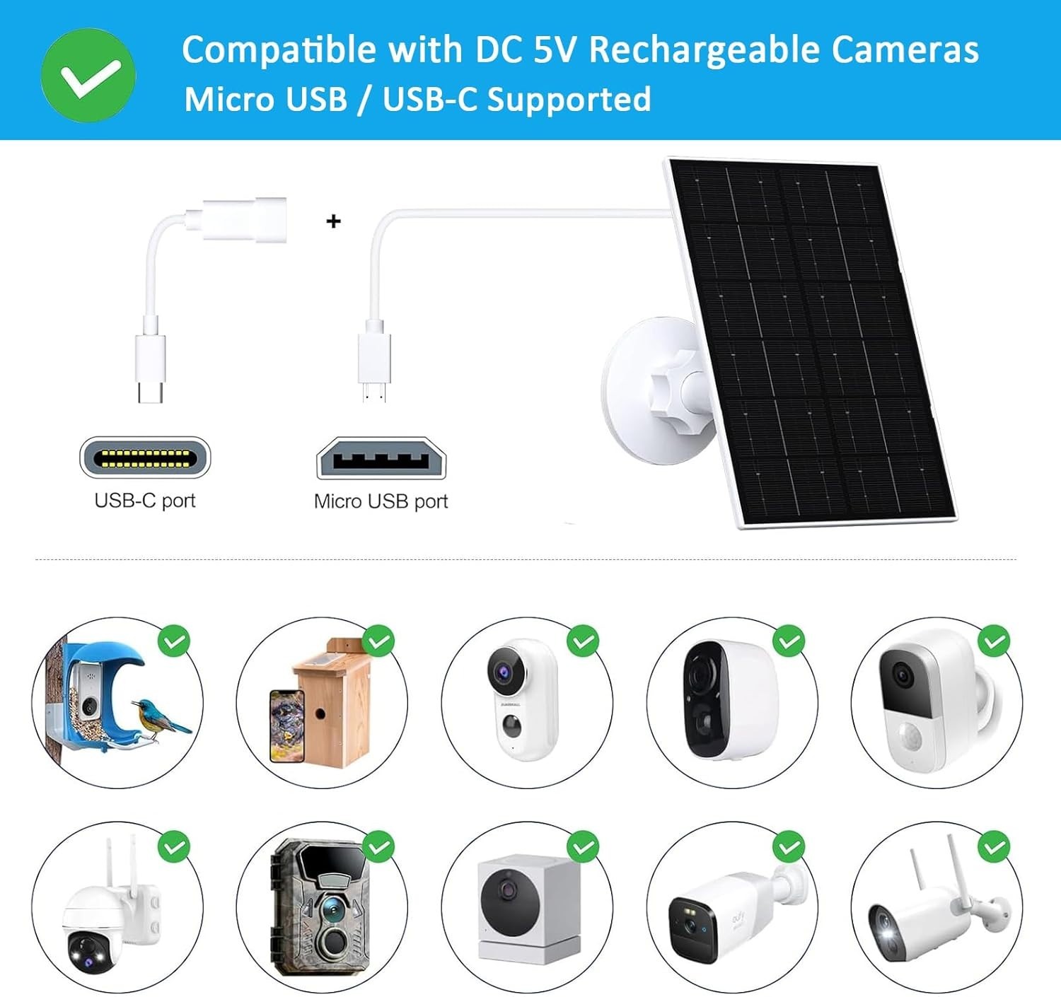 Versatile USB Solar Panel with 9.8FT Cable for All Weather Security Cameras