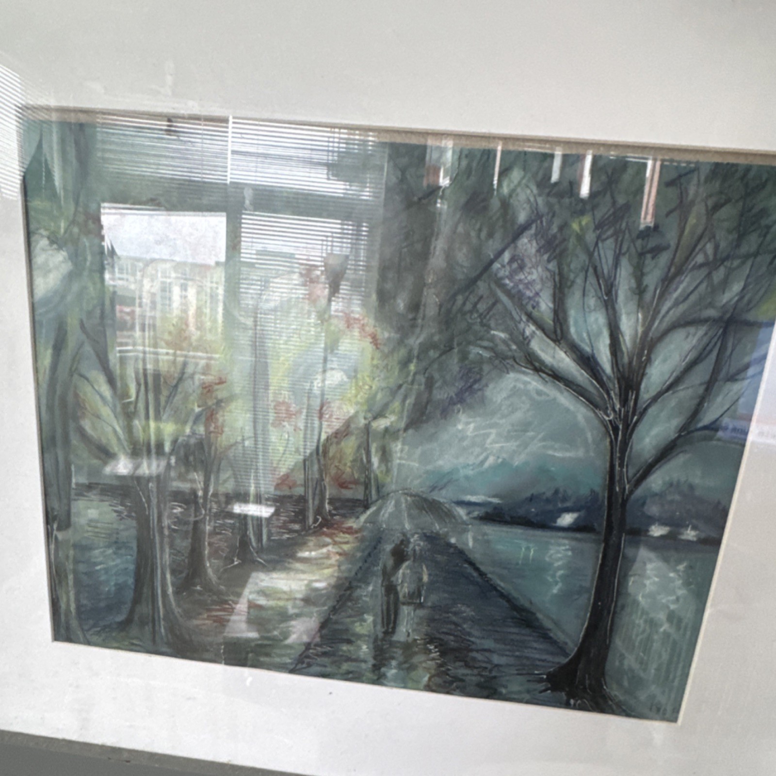Framed Original Drawing Figures Trees Water Landscape Contemporary Art