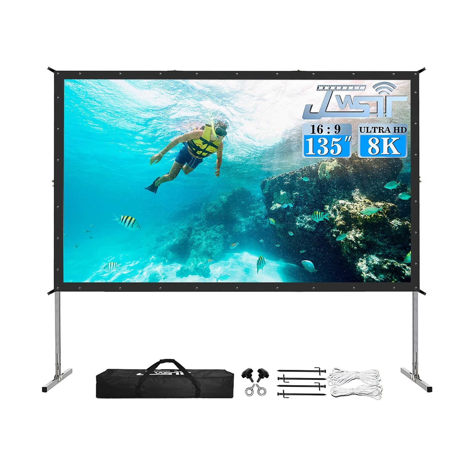 Projector Screen and Stand,JWSIT 135 inch Outdoor Movie Screen-Upgraded 3 Lay...
