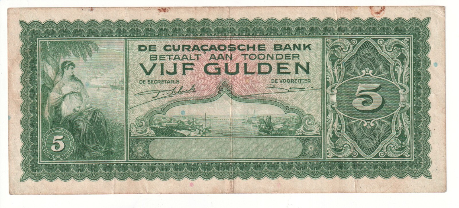 1943 Curacao (Netherlands Antilles)  5 Gulden Banknote - P# 25 - Fine - # 32161