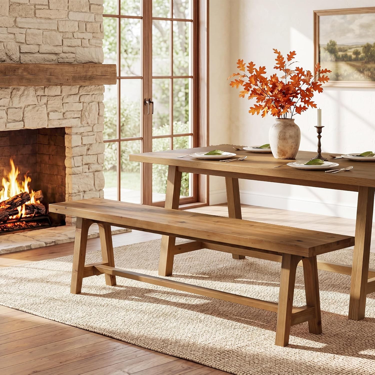 Solid Wood Dining Bench, 63 Inch Long Farmhouse Kitchen Bench for Dining Room