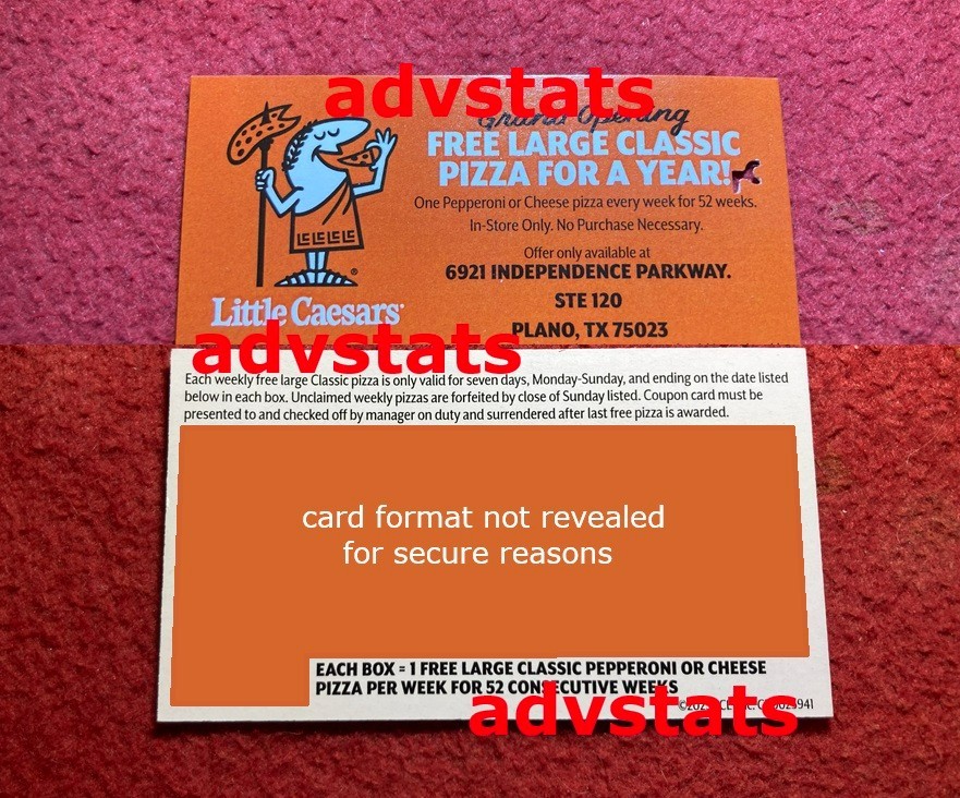 Card for WEEKLY PIZZA redeem @ Plano Tx location only, 47 wks remain $328.53 val