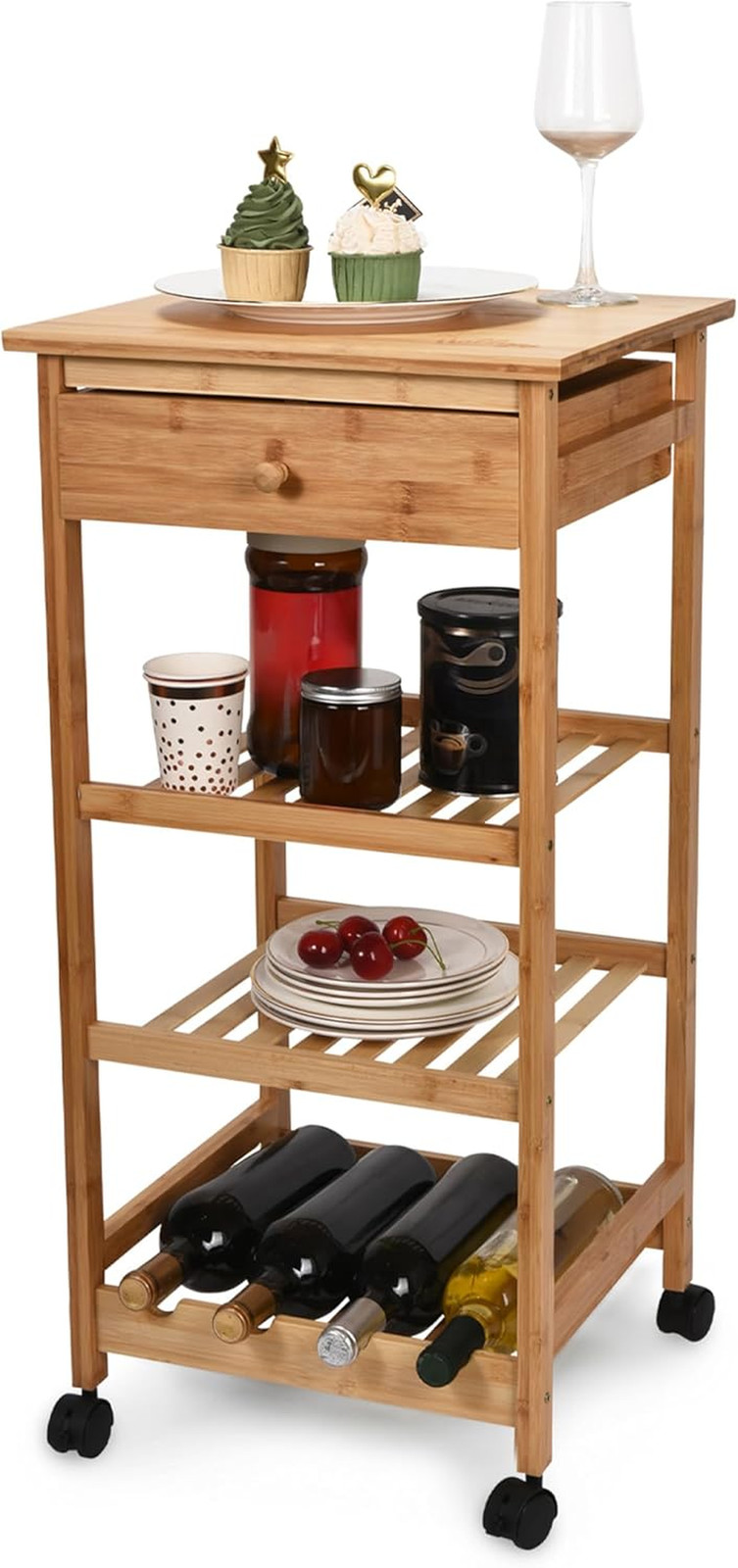 Elegant Brown Kitchen Cart with Drawer & Basket - Portable Dining Table on Wheel