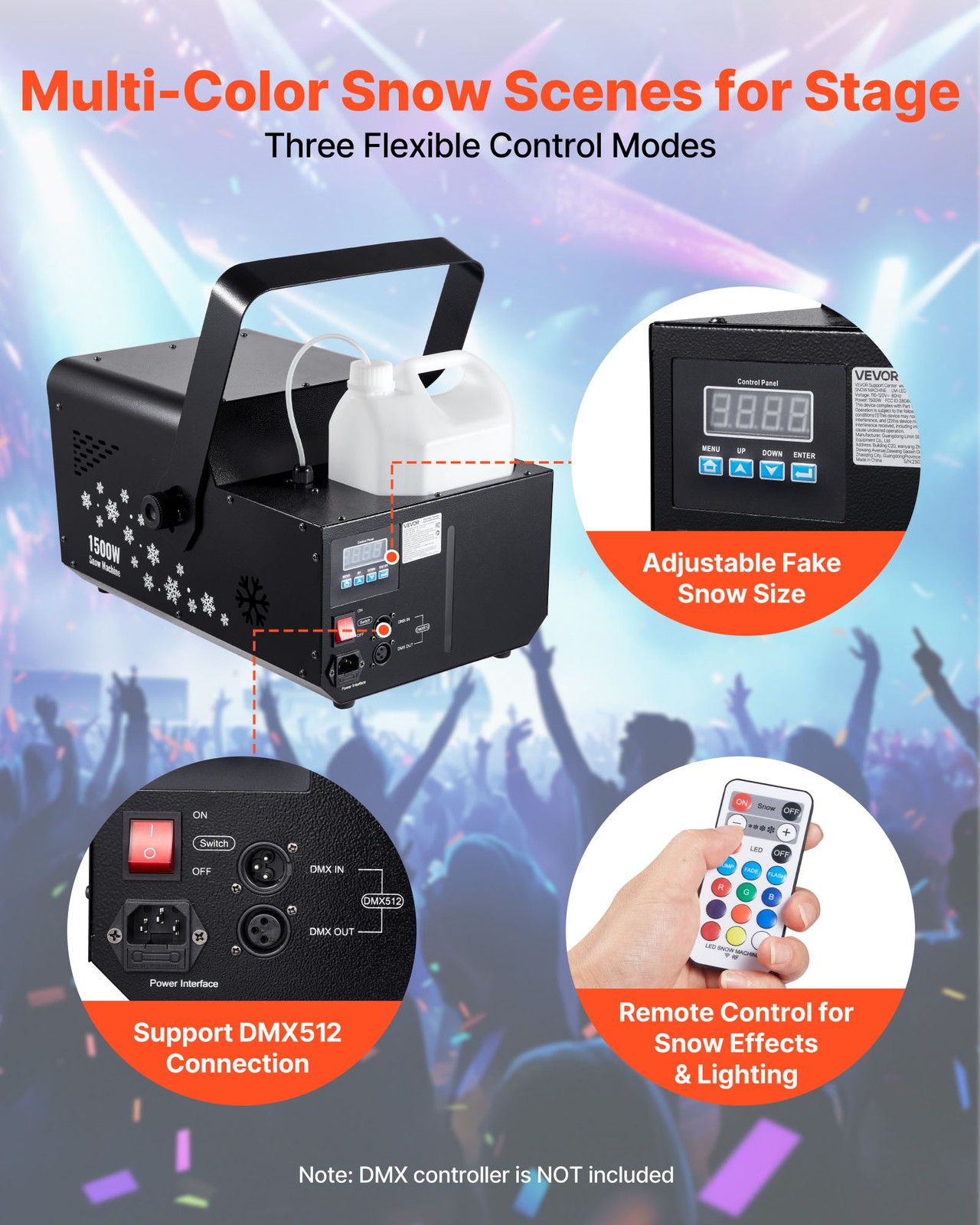 VEVOR 1500W Snow Machine with LED Light Handheld Hanging Remote & DMX512 Control