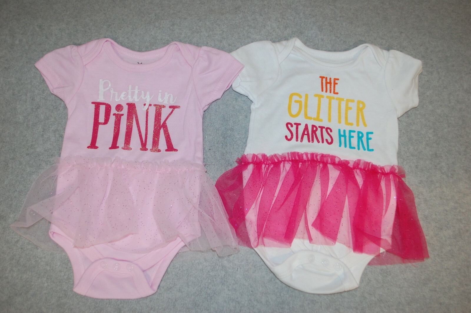 Baby Girls 2 LOT BODYSUIT Skirted THE GLITTER STARTS HERE Pretty in Pink 3-6 MO