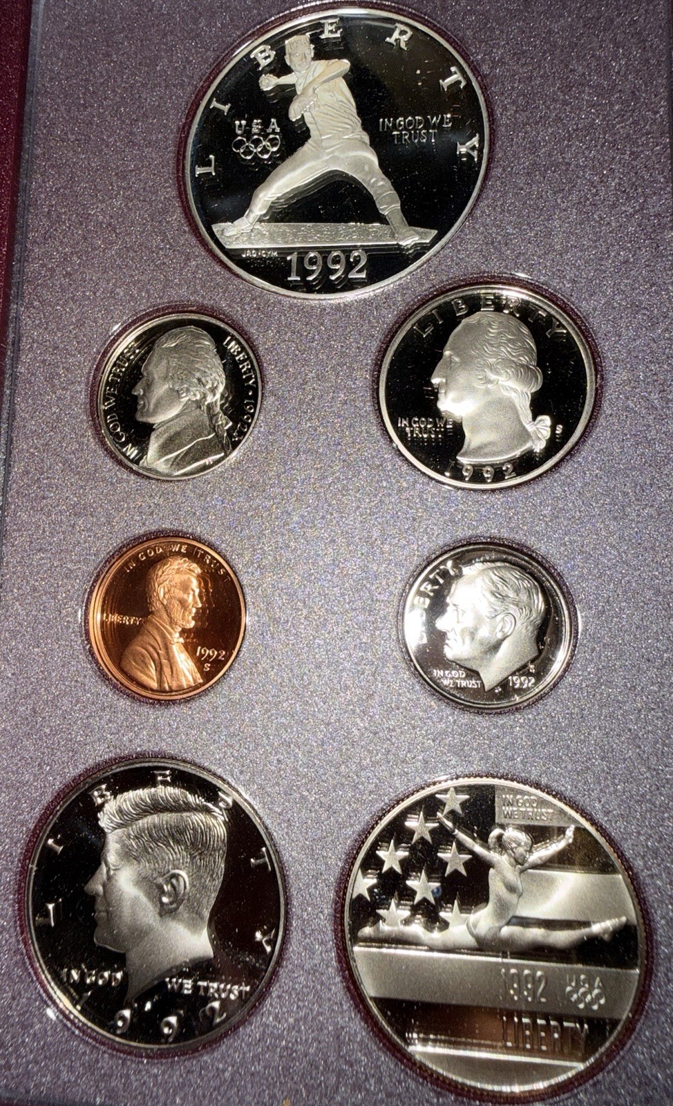 ⭐️1992 S Prestige Proof Set Olympics 90% Silver Dollar 7 US Coins⭐️