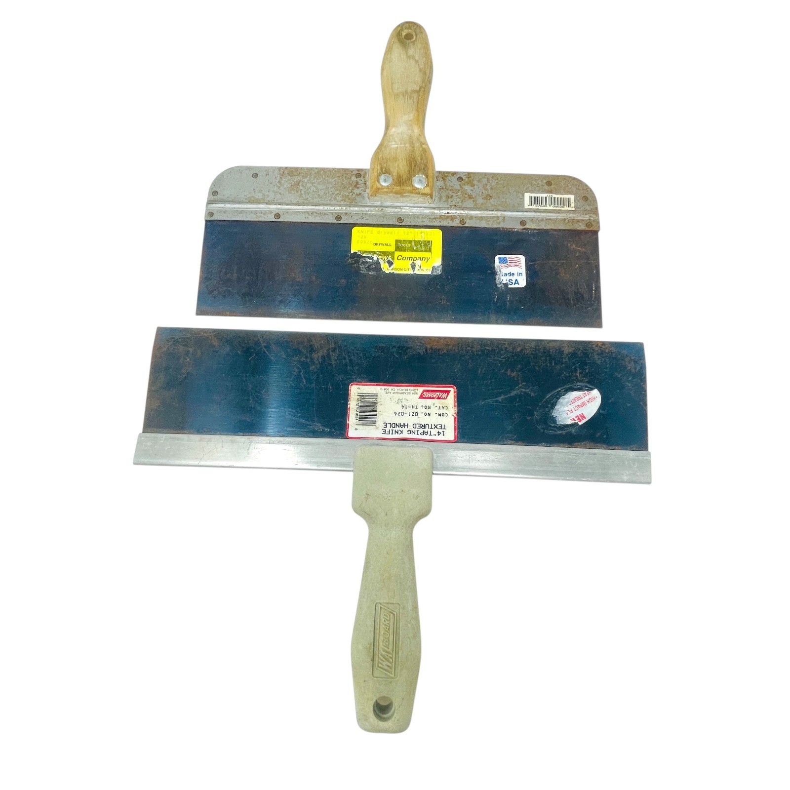 Walboard 14" , 12" Drywall Taping Knife Lot Blue Steel Wood , Plastic