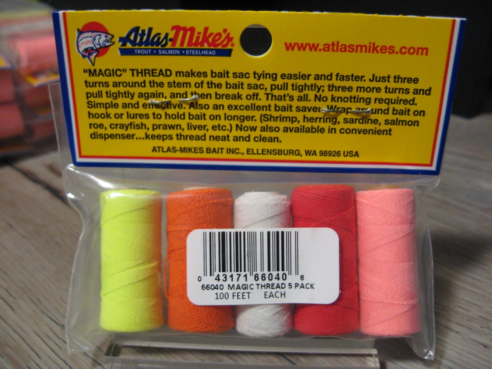 5 Assorted Atlas Mike's 100' Magic Thread Rolls - Spawn Net Tying Egg Sac Bait