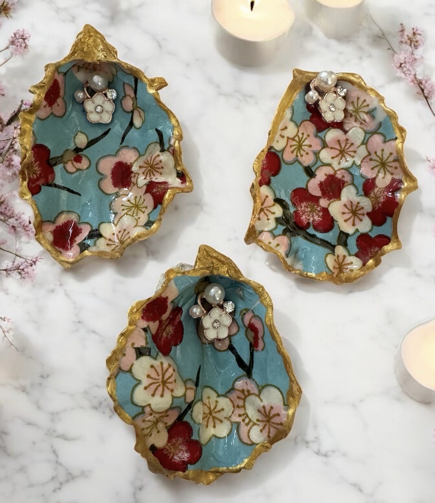 Handmade Decoupage Oyster Shell Trinket Dish Cherry Blossoms, Pearls, Gold Trim