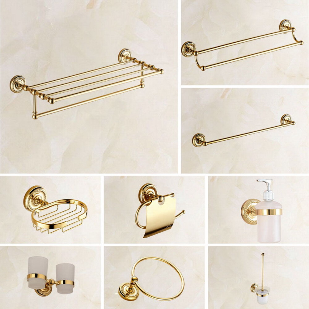 Gold Color Brass Carved Bathroom Accessories Set Bath Hardware Towel Bar fzh132