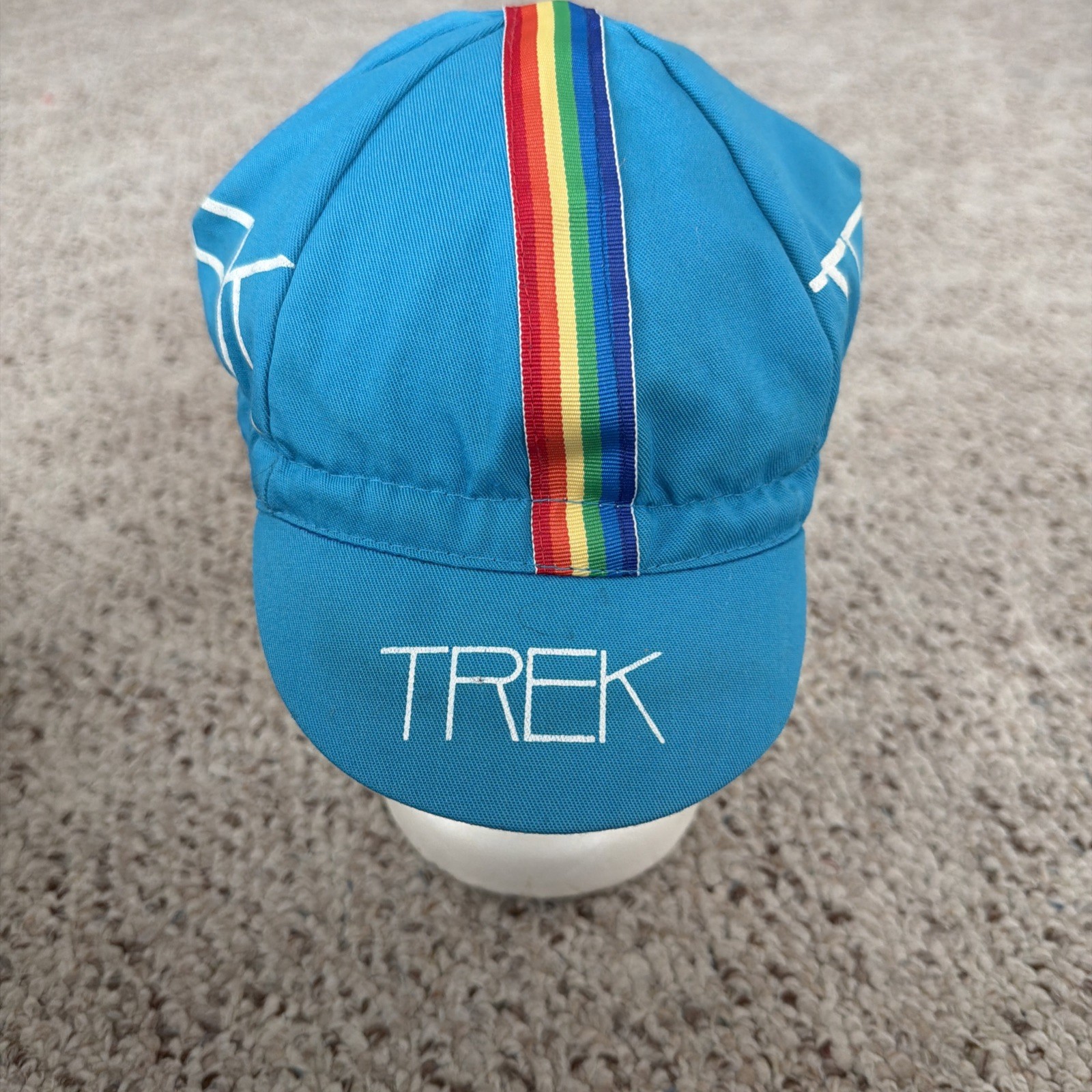 Vintage Trek Cycling Hat 70s 80s Stripe Rainbow Race Bike Eroica USA Blue