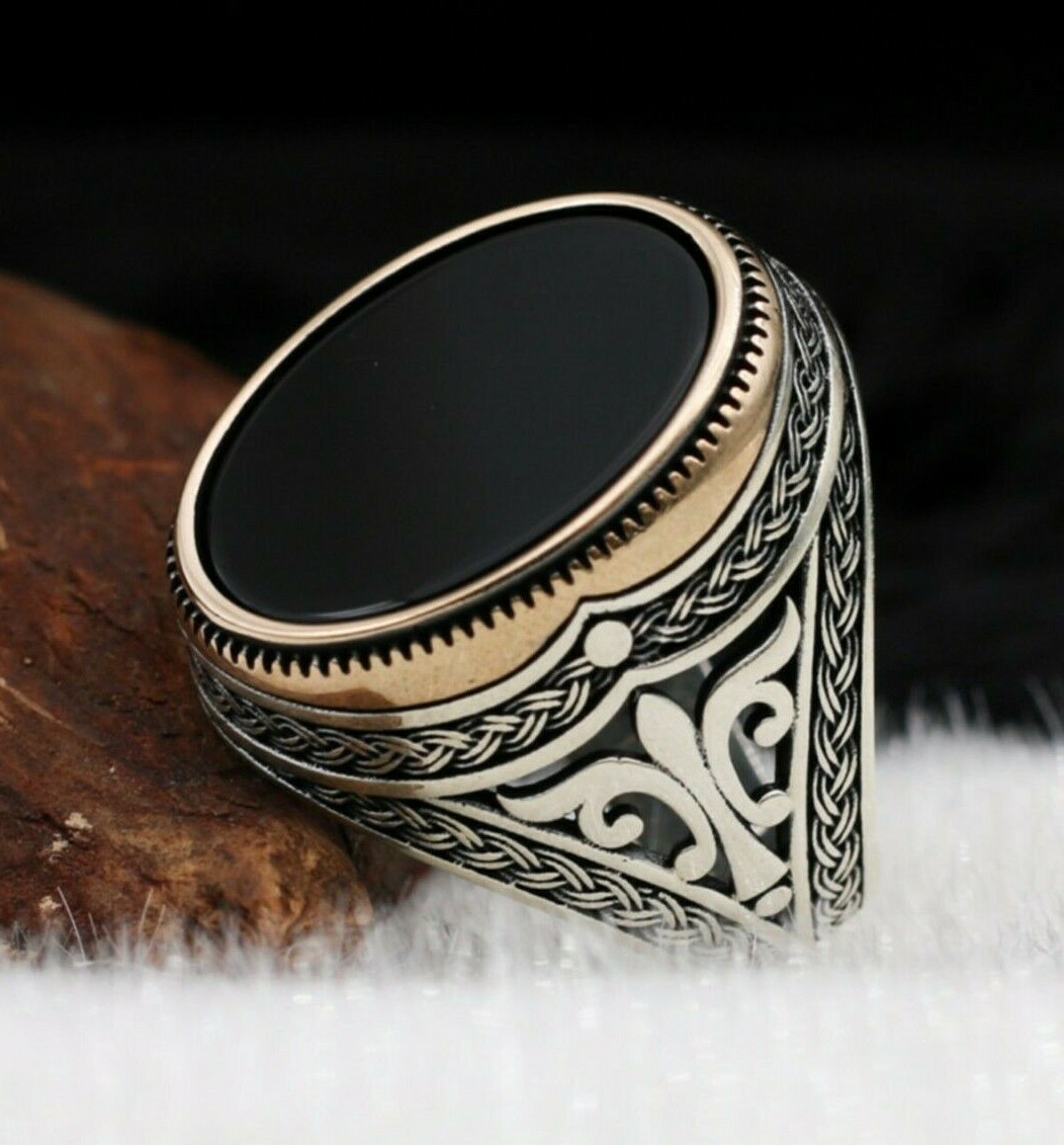 Turkish Oval Flat Onyx Stone Solid 925 Sterling Silver Men Ring