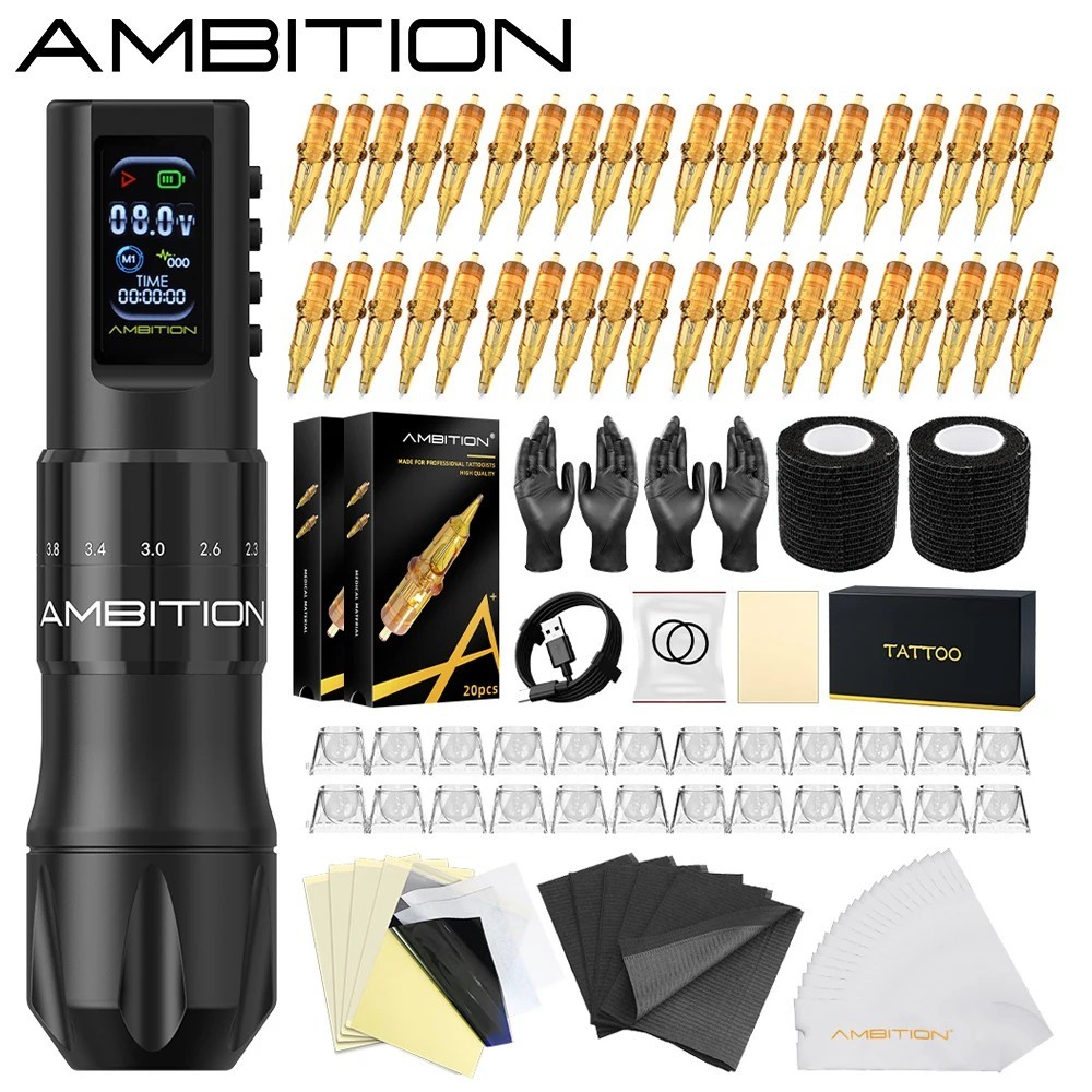 Wireless Tattoo Machine Pen 7 Adjustable Stroke Coreless Motor 1600mAh Full Kit