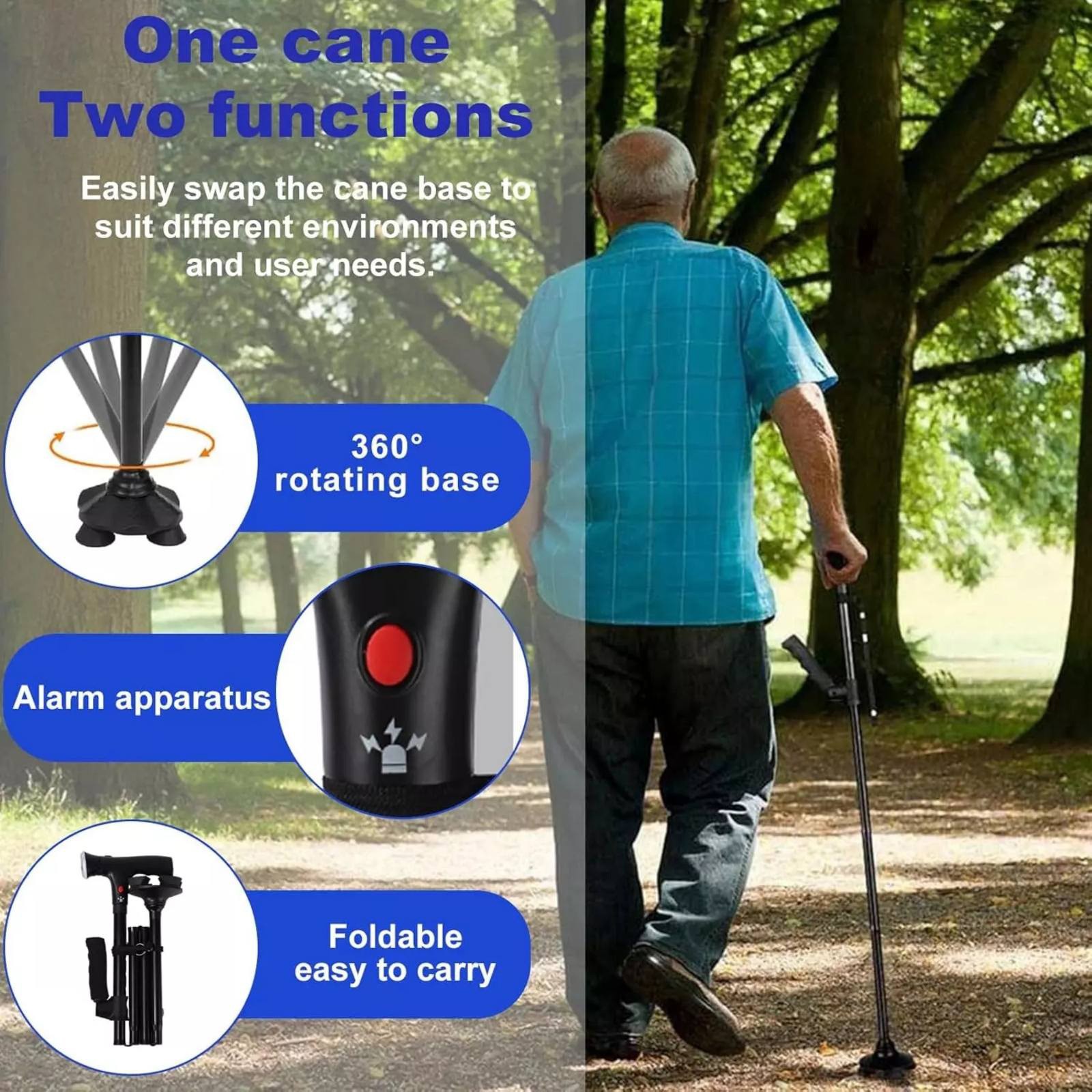 1PC Foldable Walking Cane W/LED Light&Alarm Adjustable Height Non-Slip Base
