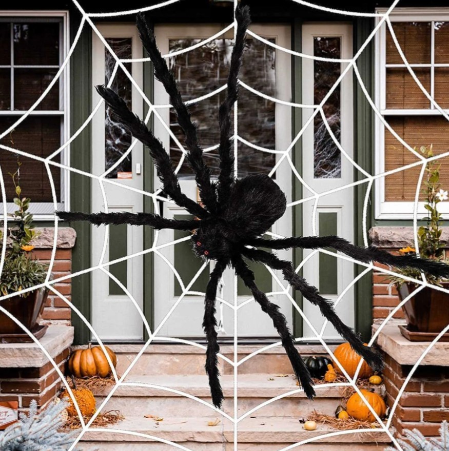 Halloween Hairy Black Spider Decoration 5ft Wide Poseable Legs, Pre Designed Web