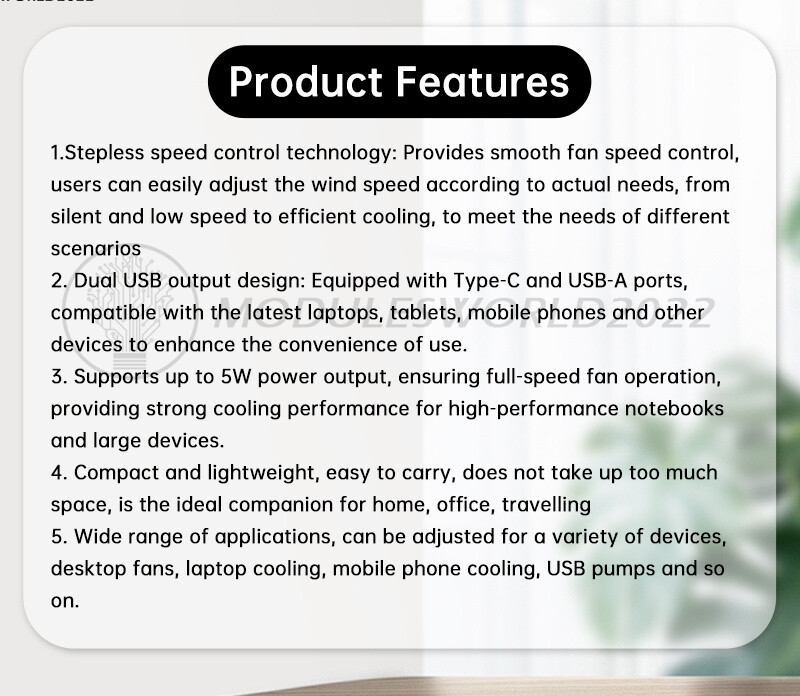 5W DC5V2A Fan Controller Stepless Speed Control w/ Switch USB Protection Type-C