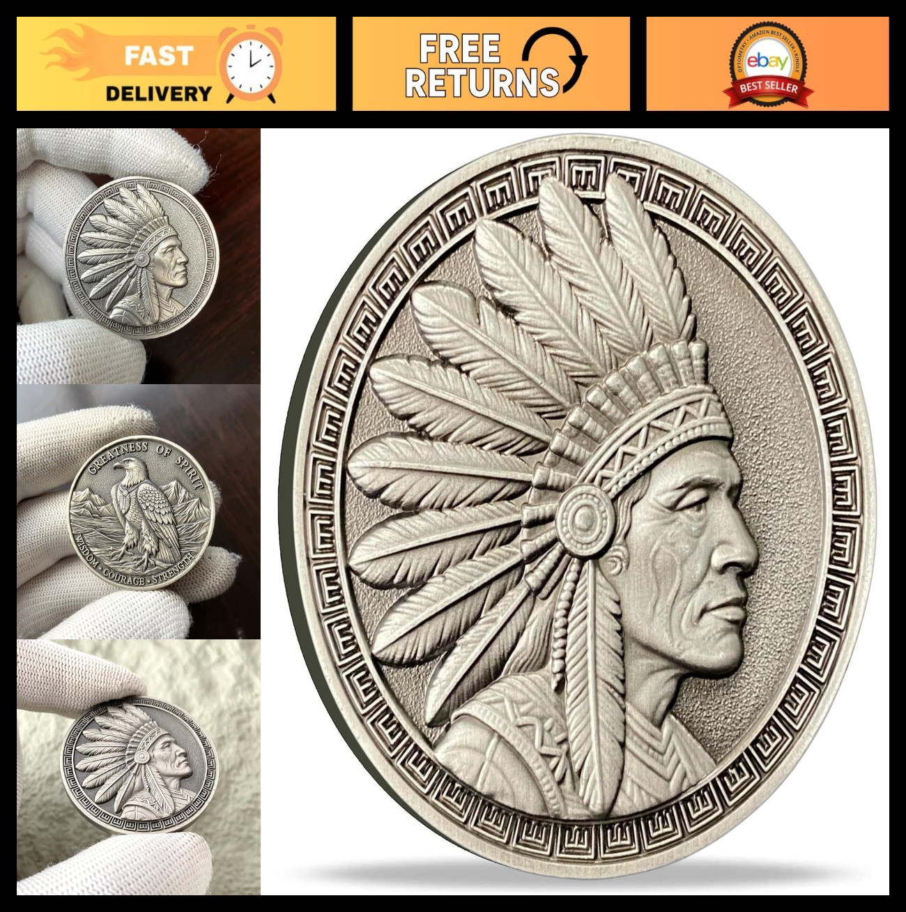 Native American Challenge Coin - Chief Headdress Eagle Design - Wisdom Courage S