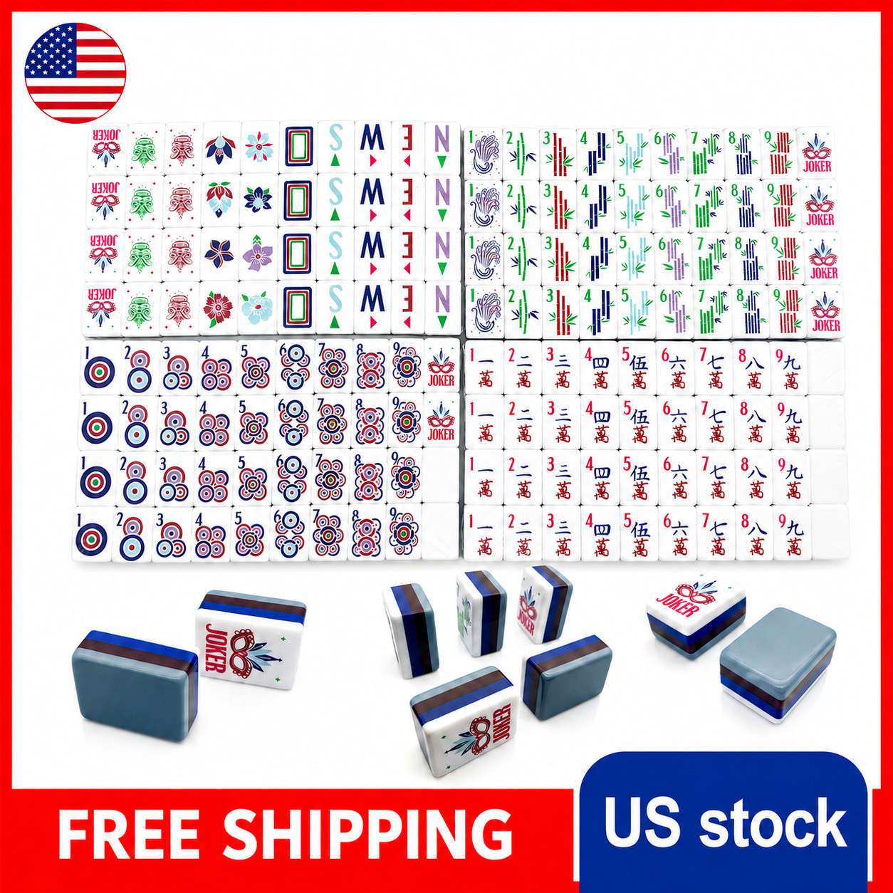 US Stock! Vibrant Layered Mahjong Tiles – Full American Set 160Tiles - Gray-blue