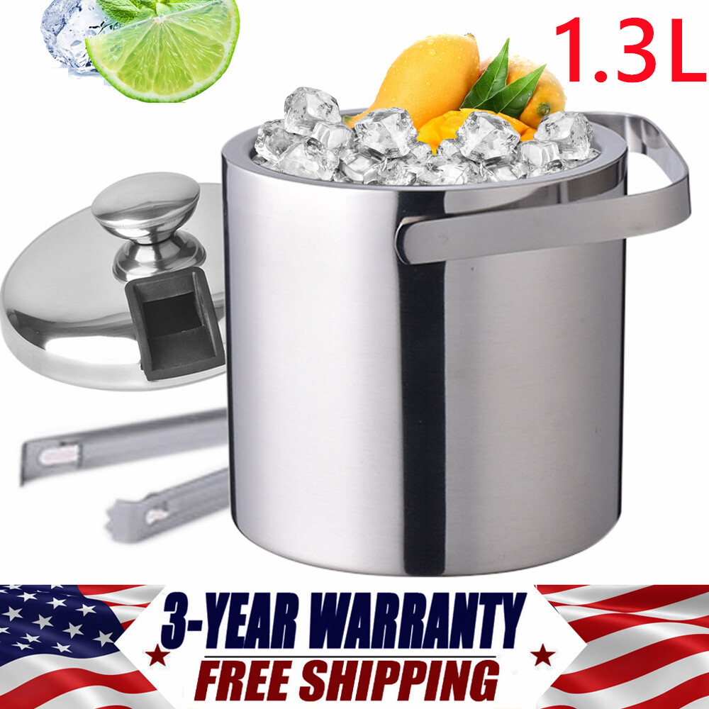 Portable Double-Wall Stainless Steel Ice Bucket with Lid & Tongs, 1300ML